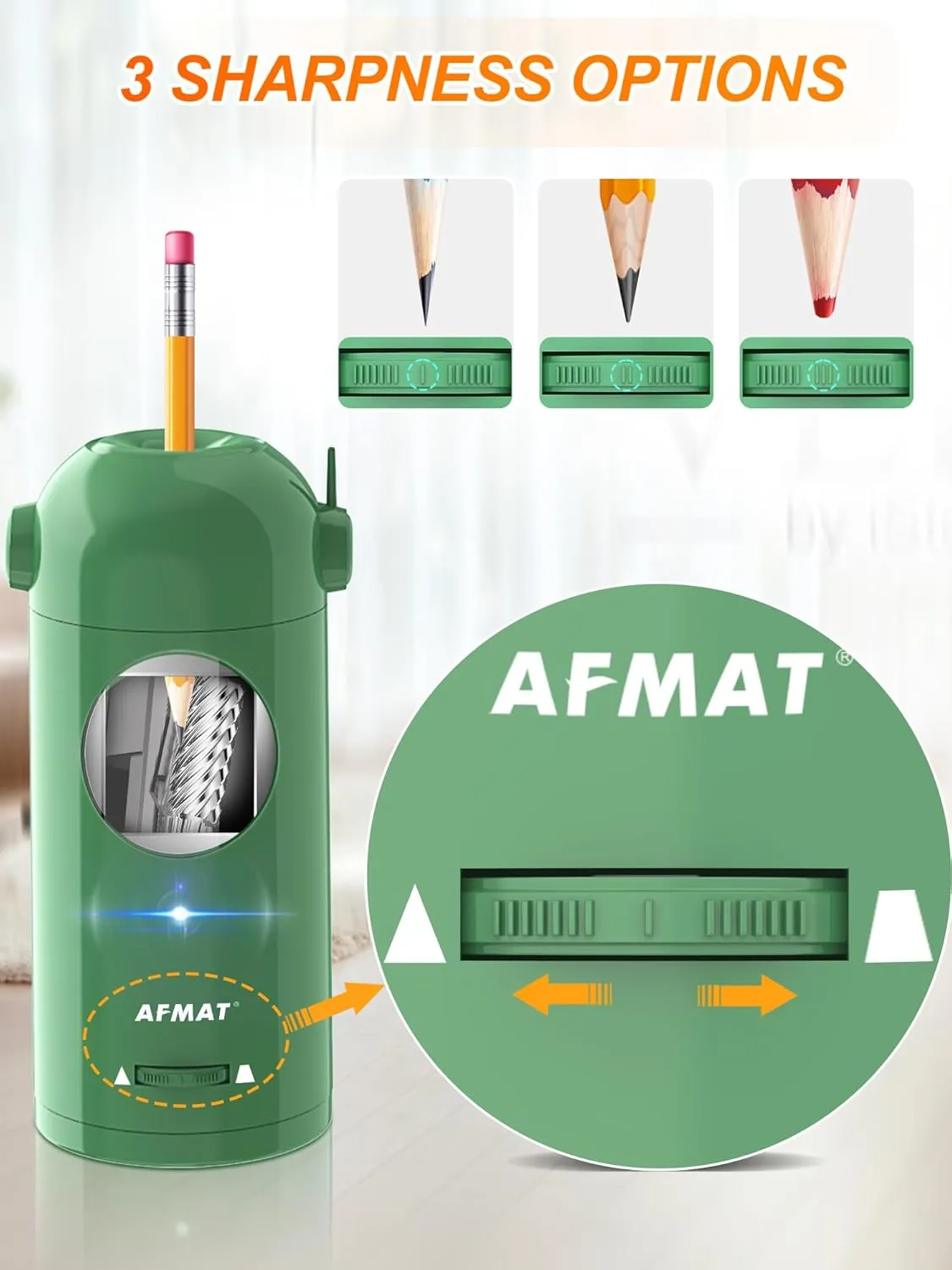 AFMAT Electric Pencil Sharpener for Colored Pencils 7-11.5mm, Fully Automatic Pencil Sharpener, Auto in & Out, Rechargeable Hands-Free for Large Pencils, Green
