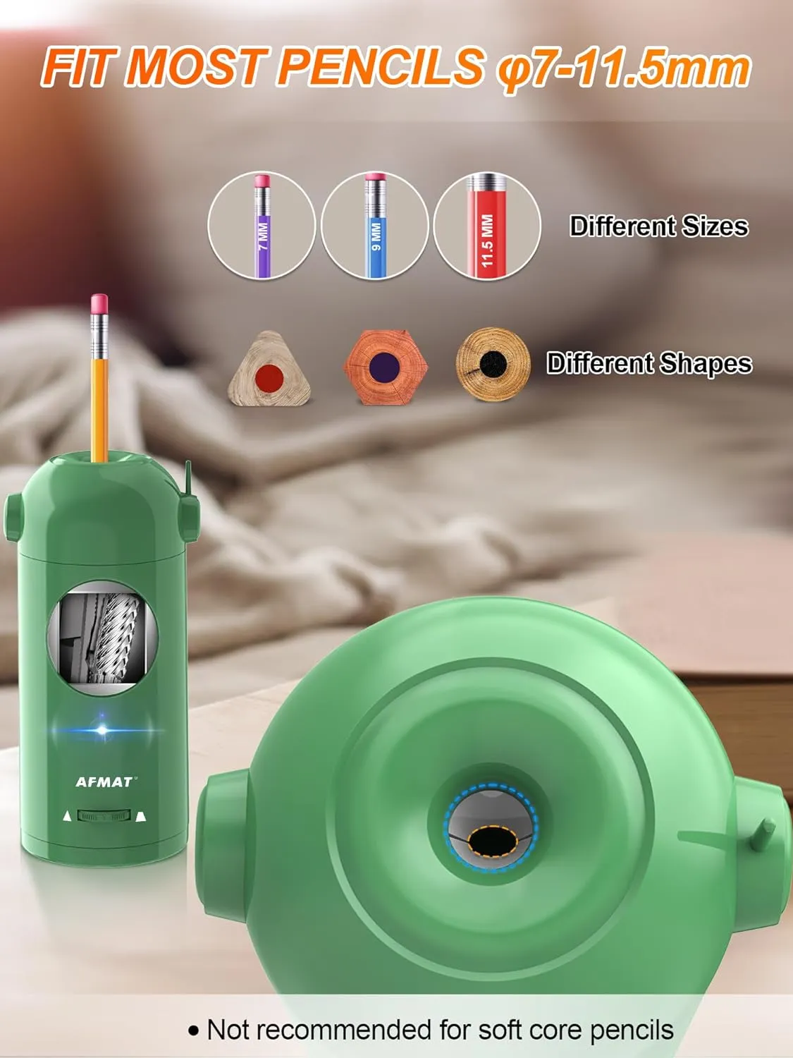AFMAT Electric Pencil Sharpener for Colored Pencils 7-11.5mm, Fully Automatic Pencil Sharpener, Auto in & Out, Rechargeable Hands-Free for Large Pencils, Green