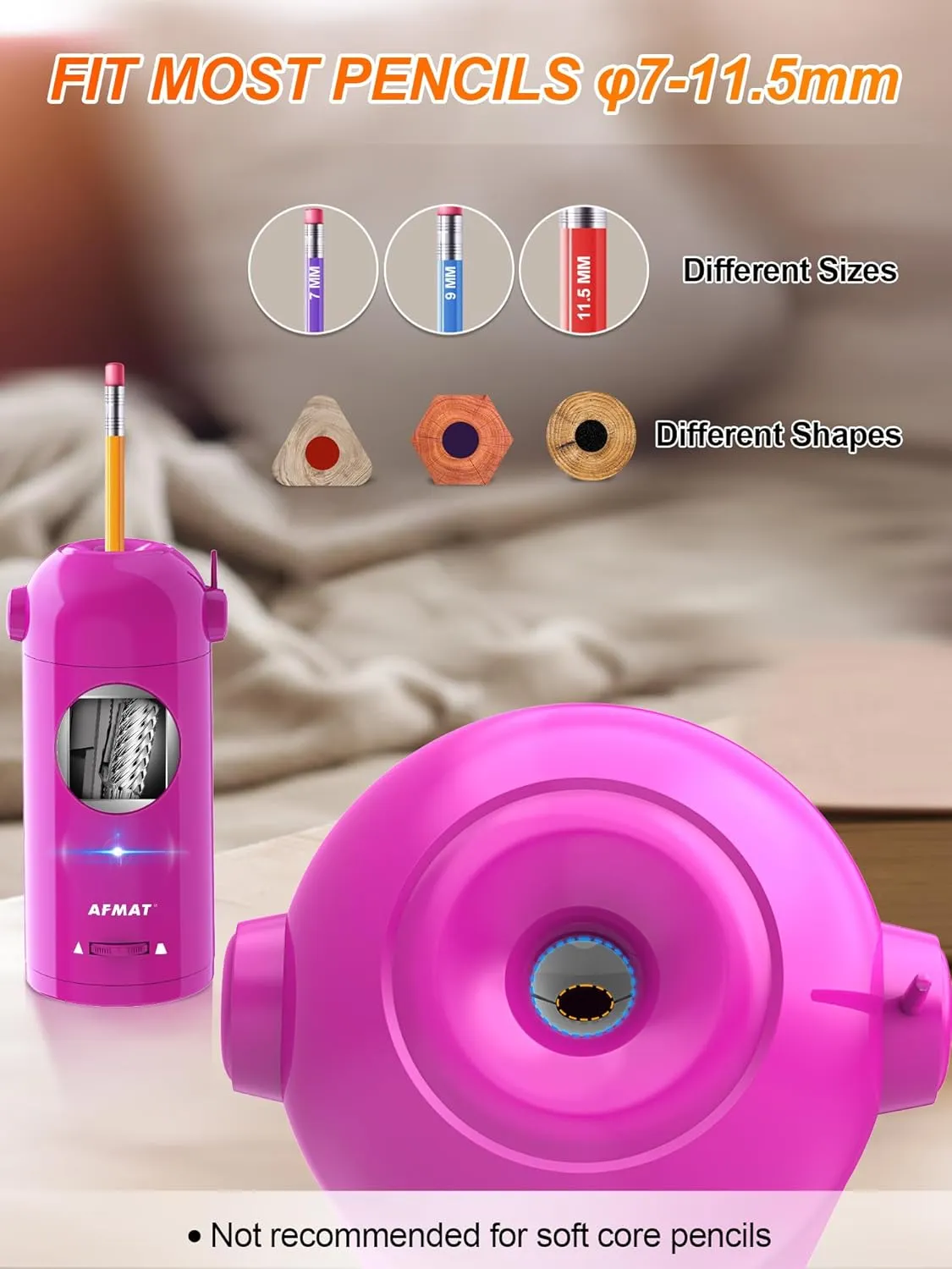 AFMAT Electric Pencil Sharpener for Colored Pencils, Fully Automatic Robot Pencil Sharpener, Auto in & Out, Rechargeable Hands-Free for 7-11.5mm Jumbo Pencils, Home, Classroom