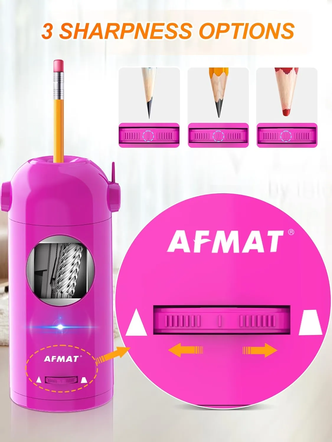 AFMAT Electric Pencil Sharpener for Colored Pencils, Fully Automatic Robot Pencil Sharpener, Auto in & Out, Rechargeable Hands-Free for 7-11.5mm Jumbo Pencils, Home, Classroom