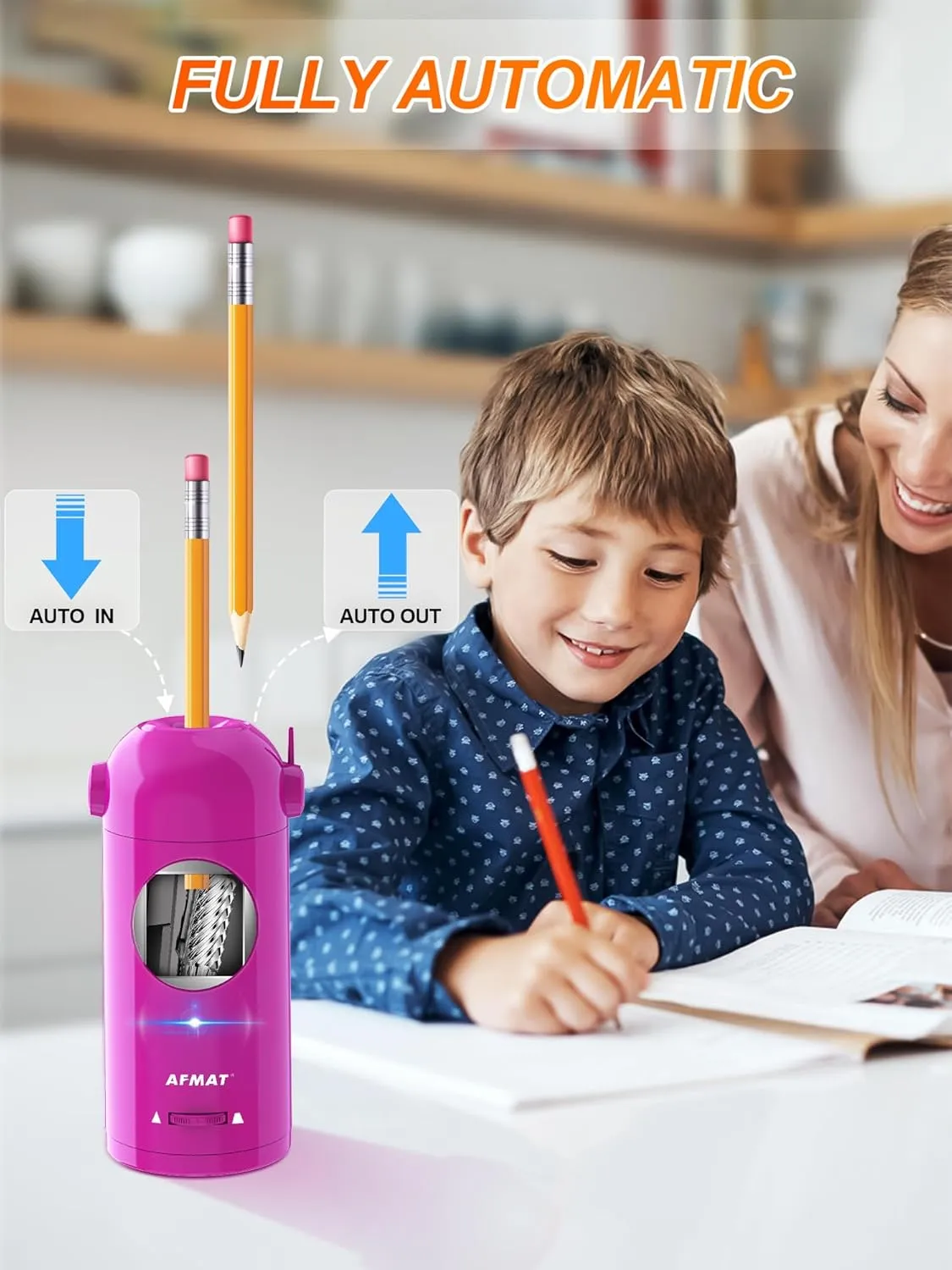 AFMAT Electric Pencil Sharpener for Colored Pencils, Fully Automatic Robot Pencil Sharpener, Auto in & Out, Rechargeable Hands-Free for 7-11.5mm Jumbo Pencils, Home, Classroom