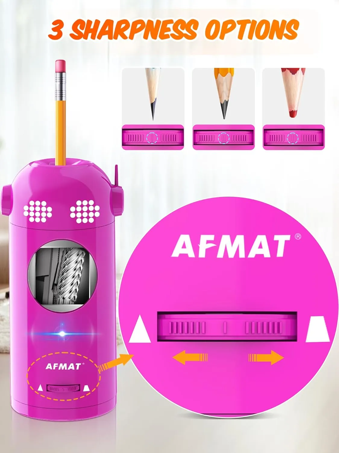 AFMAT Electric Pencil Sharpener Fully Automatic, Robot Pencil Sharpener for 7-11.5mm Pencils, Rechargeable Pencil Sharpener Hands-Free, Battery Operated Pencil Sharpener for Home, Office, Classroom