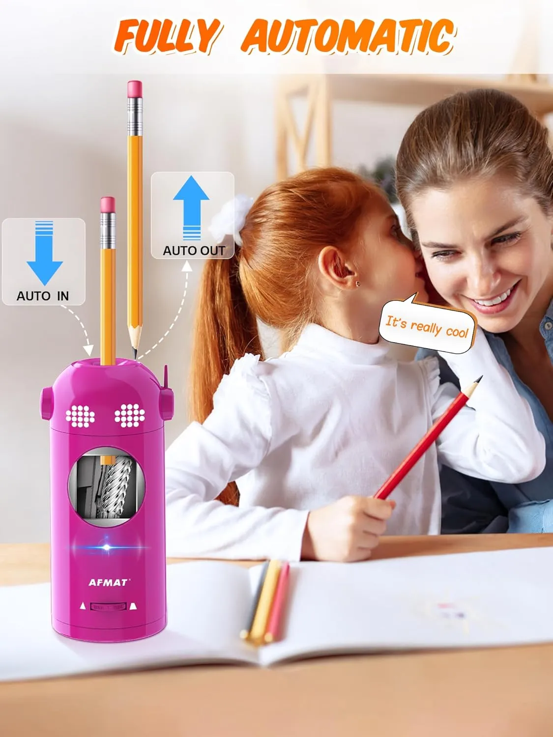 AFMAT Electric Pencil Sharpener Fully Automatic, Robot Pencil Sharpener for 7-11.5mm Pencils, Rechargeable Pencil Sharpener Hands-Free, Battery Operated Pencil Sharpener for Home, Office, Classroom