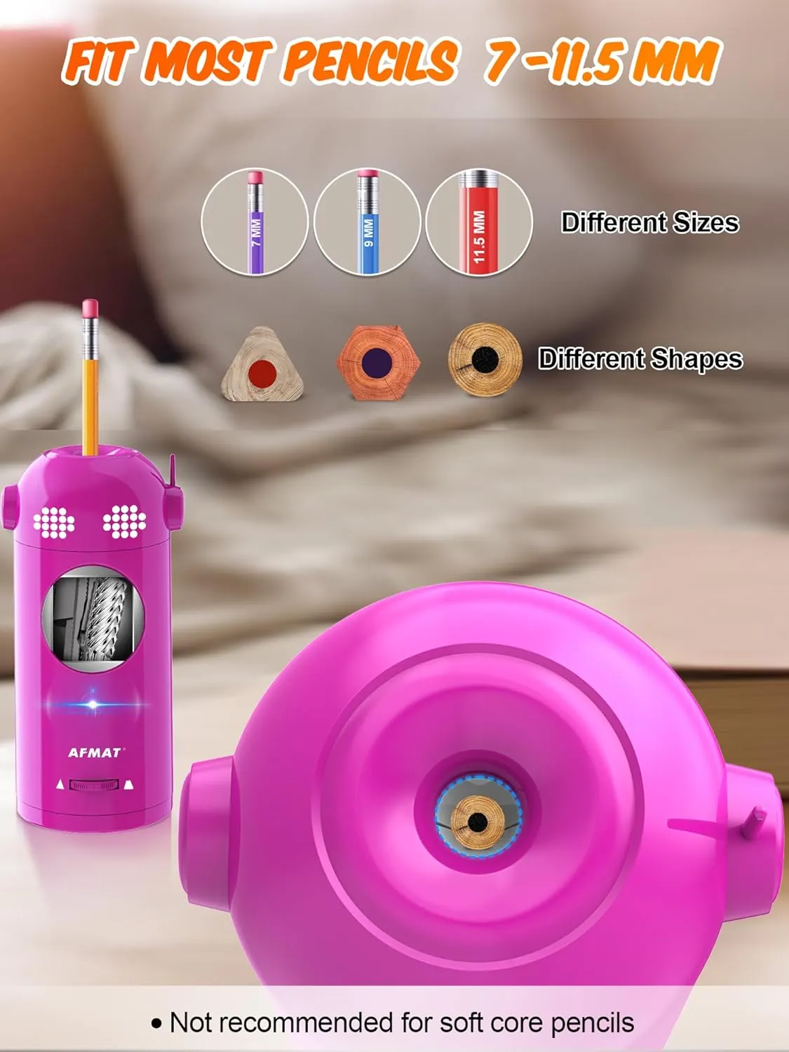 AFMAT Electric Pencil Sharpener Fully Automatic, Robot Pencil Sharpener for 7-11.5mm Pencils, Rechargeable Pencil Sharpener Hands-Free, Battery Operated Pencil Sharpener for Home, Office, Classroom