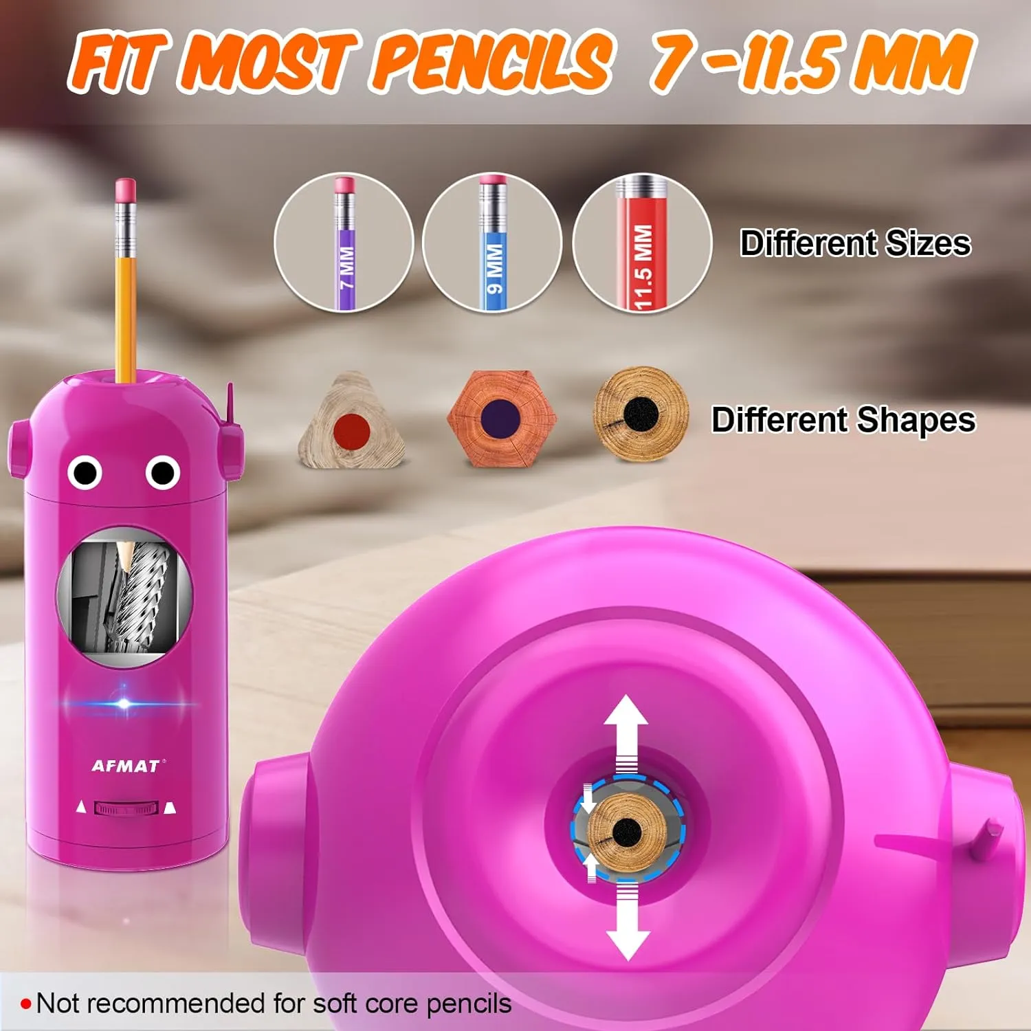 AFMAT Electric Pencil Sharpener, Robot Pencil Sharpener for Colored Pencils 7-11.5mm, Auto in & Out, Fully Automatic Rechargeable Hands-Free Pencil Sharpener for Home, Classroom, Battery Operated