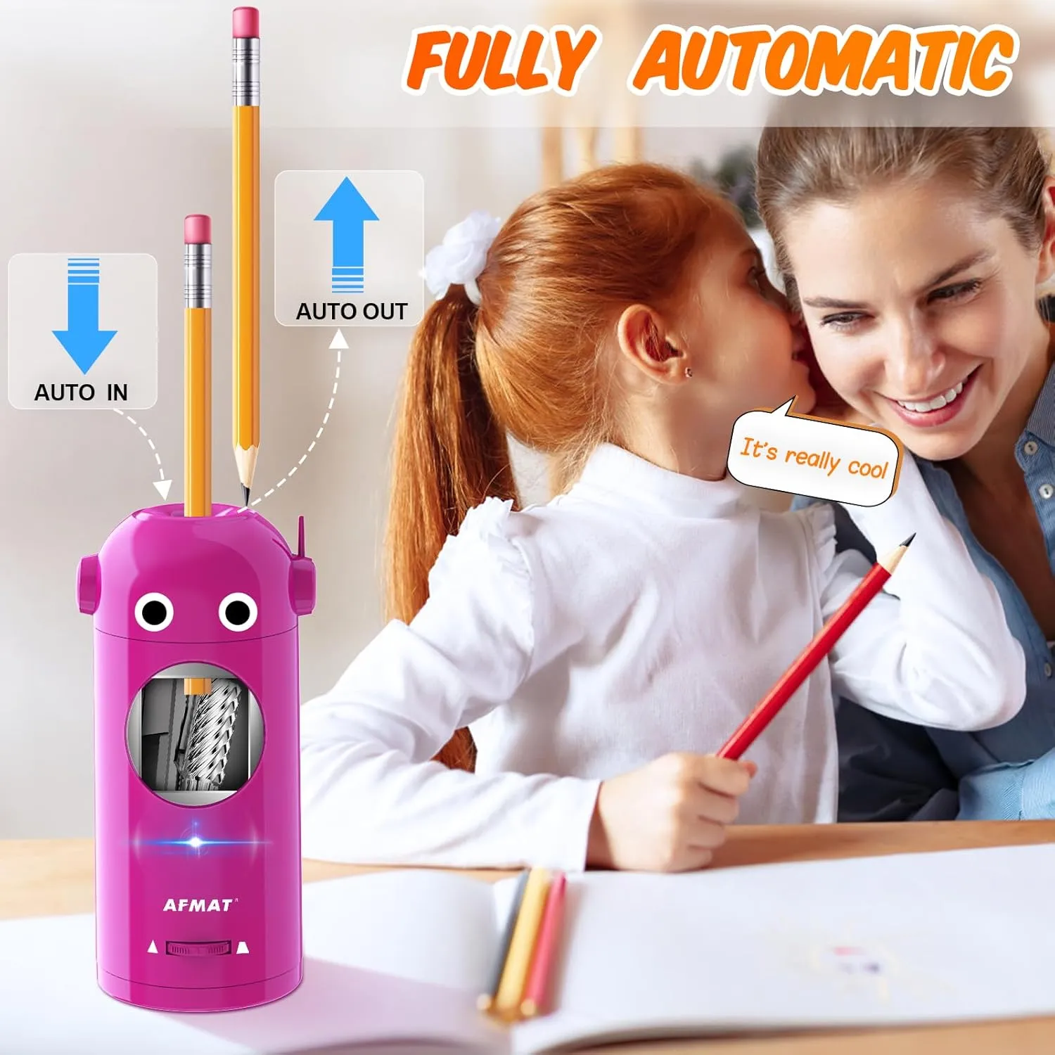 AFMAT Electric Pencil Sharpener, Robot Pencil Sharpener for Colored Pencils 7-11.5mm, Auto in & Out, Fully Automatic Rechargeable Hands-Free Pencil Sharpener for Home, Classroom, Battery Operated