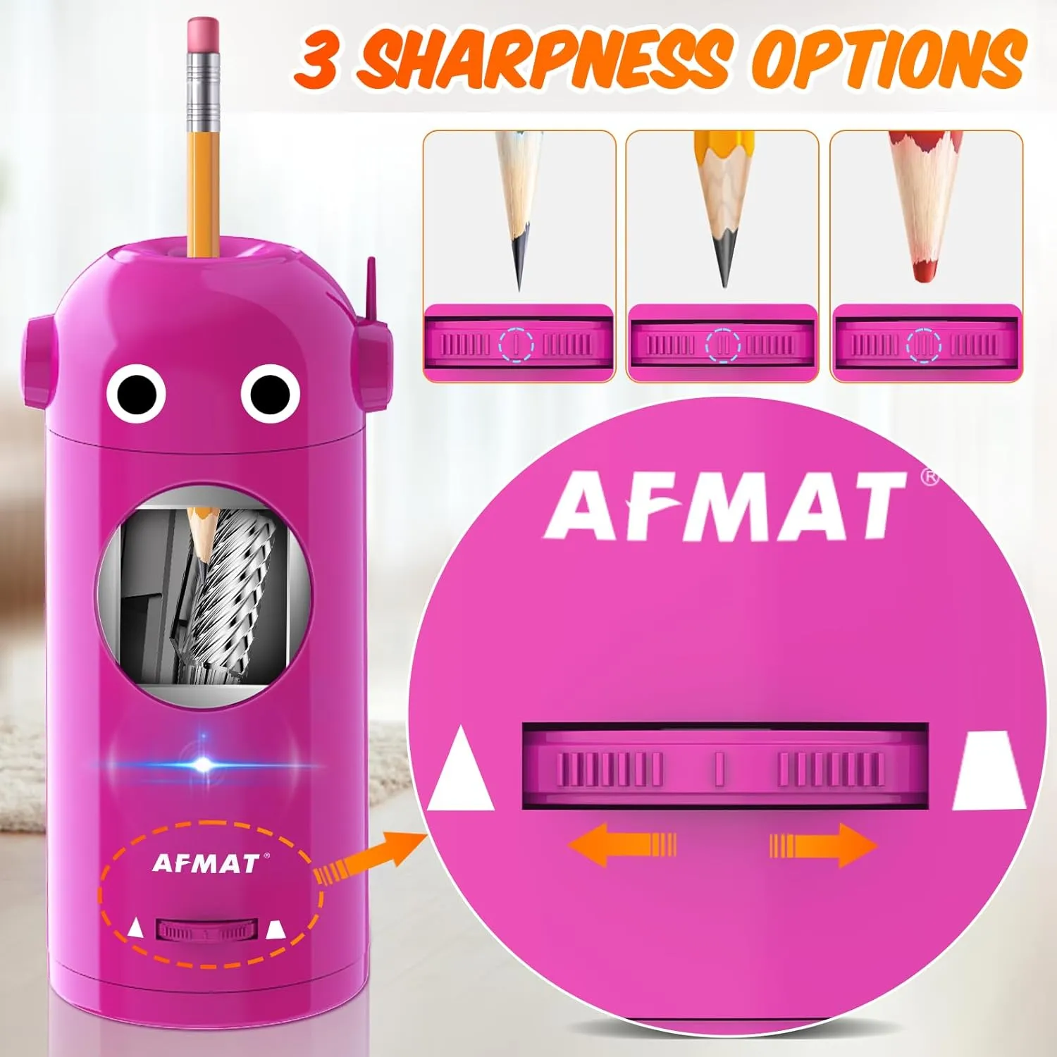 AFMAT Electric Pencil Sharpener, Robot Pencil Sharpener for Colored Pencils 7-11.5mm, Auto in & Out, Fully Automatic Rechargeable Hands-Free Pencil Sharpener for Home, Classroom, Battery Operated