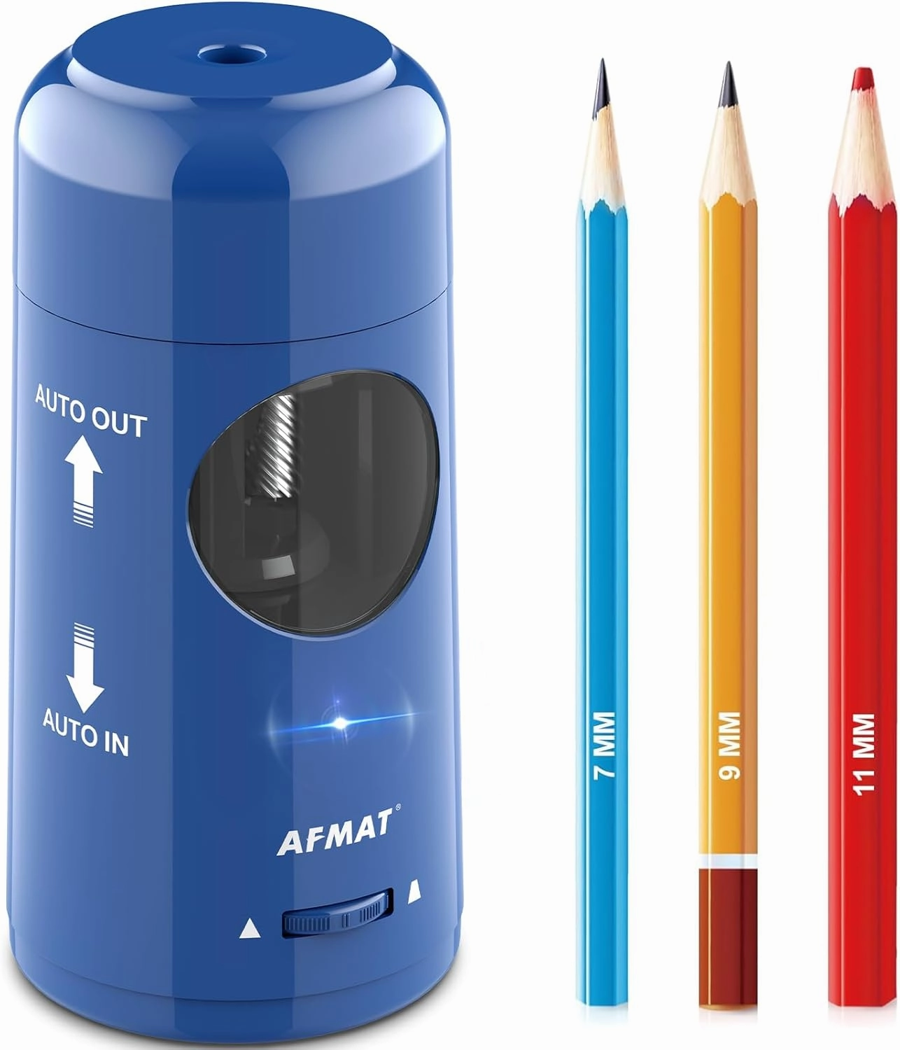 AFMAT Electric Pencil Sharpener, Rechargeable Automatic Pencil Sharpener for Jumbo & Colored Pencils (7-11.5mm), Auto in/Out, Hands-Free, Large Shaving Box, Portable for Home/Classroom/Office (Blue)