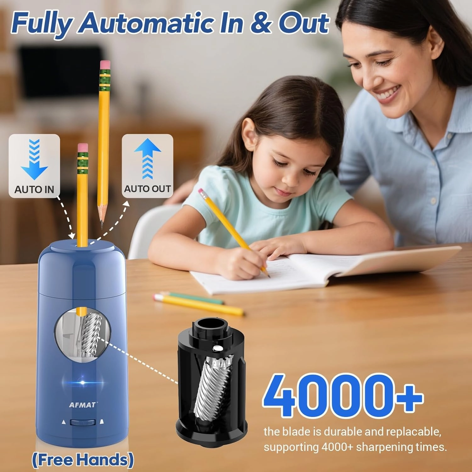 AFMAT Electric Pencil Sharpener, Rechargeable Automatic Pencil Sharpener for Jumbo & Colored Pencils (7-11.5mm), Auto in/Out, Hands-Free, Large Shaving Box, Portable for Home/Classroom/Office (Blue)