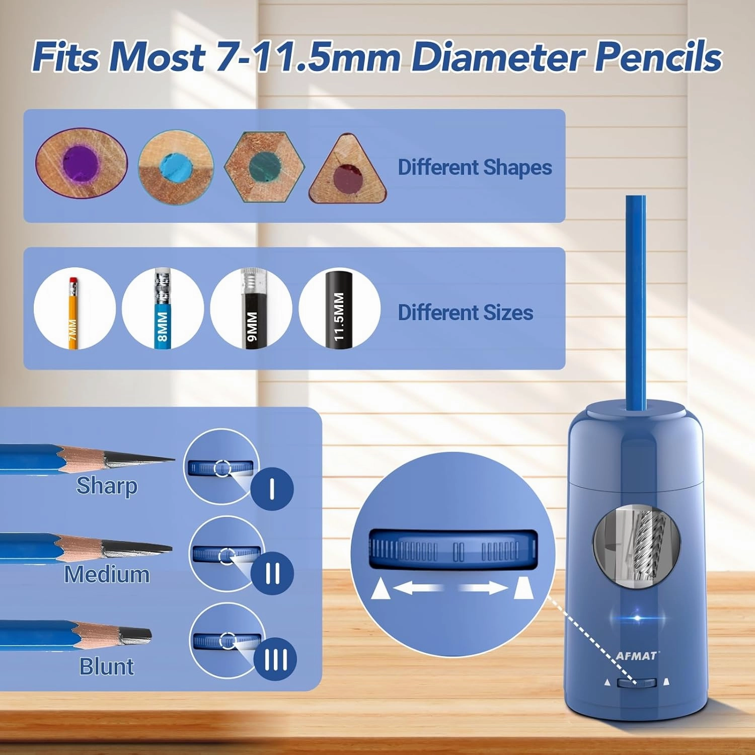 AFMAT Electric Pencil Sharpener, Rechargeable Automatic Pencil Sharpener for Jumbo & Colored Pencils (7-11.5mm), Auto in/Out, Hands-Free, Large Shaving Box, Portable for Home/Classroom/Office (Blue)