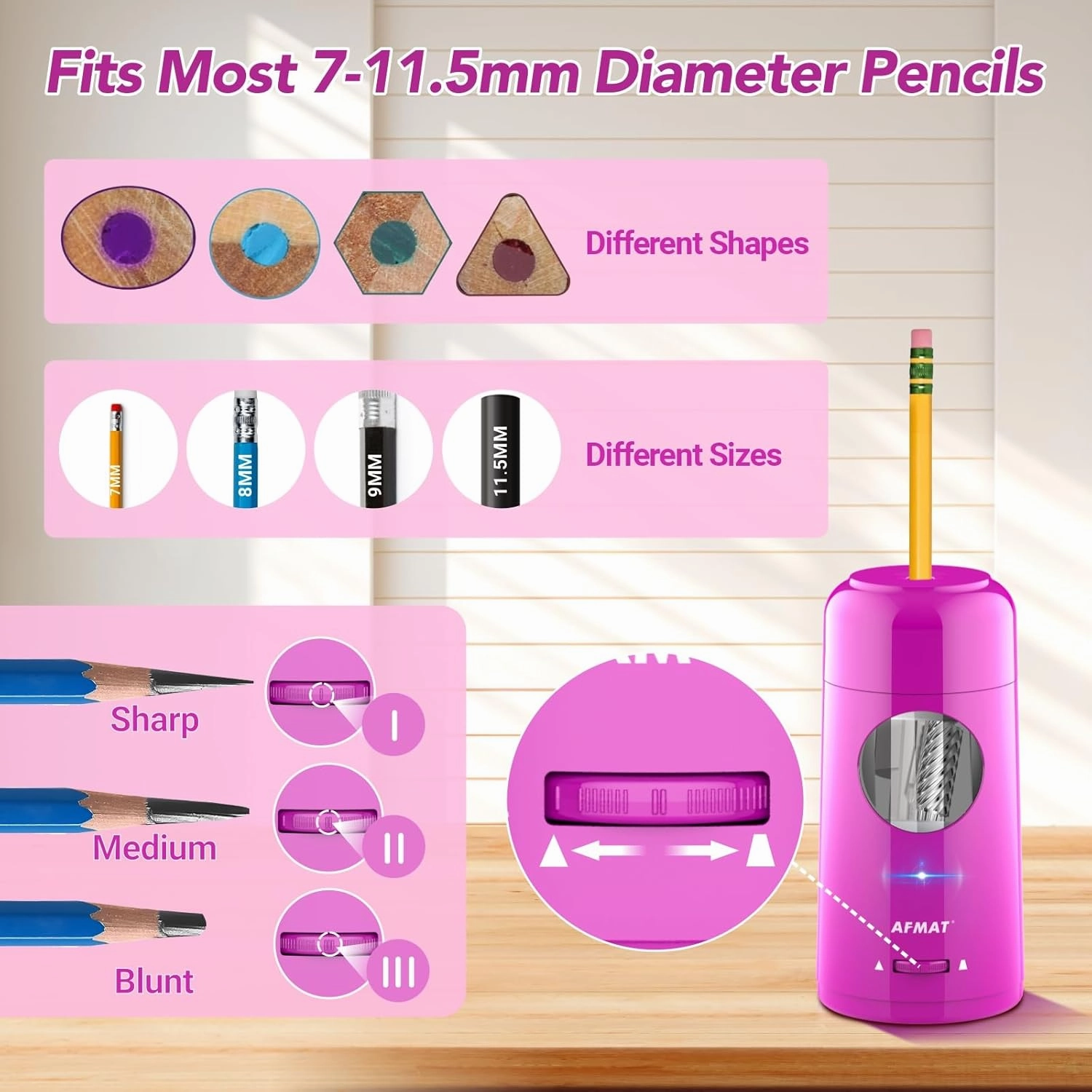 AFMAT Electric Pencil Sharpener, Rechargeable Automatic Pencil Sharpener for Jumbo & Colored Pencils (7-11.5mm), Auto In/Out, Hands-Free, Large Shaving Box, Portable for Home/Classroom/Office (Purple)