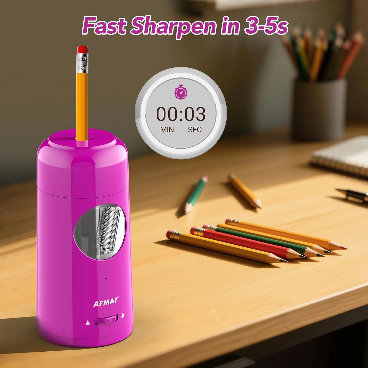 AFMAT Electric Pencil Sharpener, Rechargeable Automatic Pencil Sharpener for Jumbo & Colored Pencils (7-11.5mm), Auto In/Out, Hands-Free, Large Shaving Box, Portable for Home/Classroom/Office (Purple)