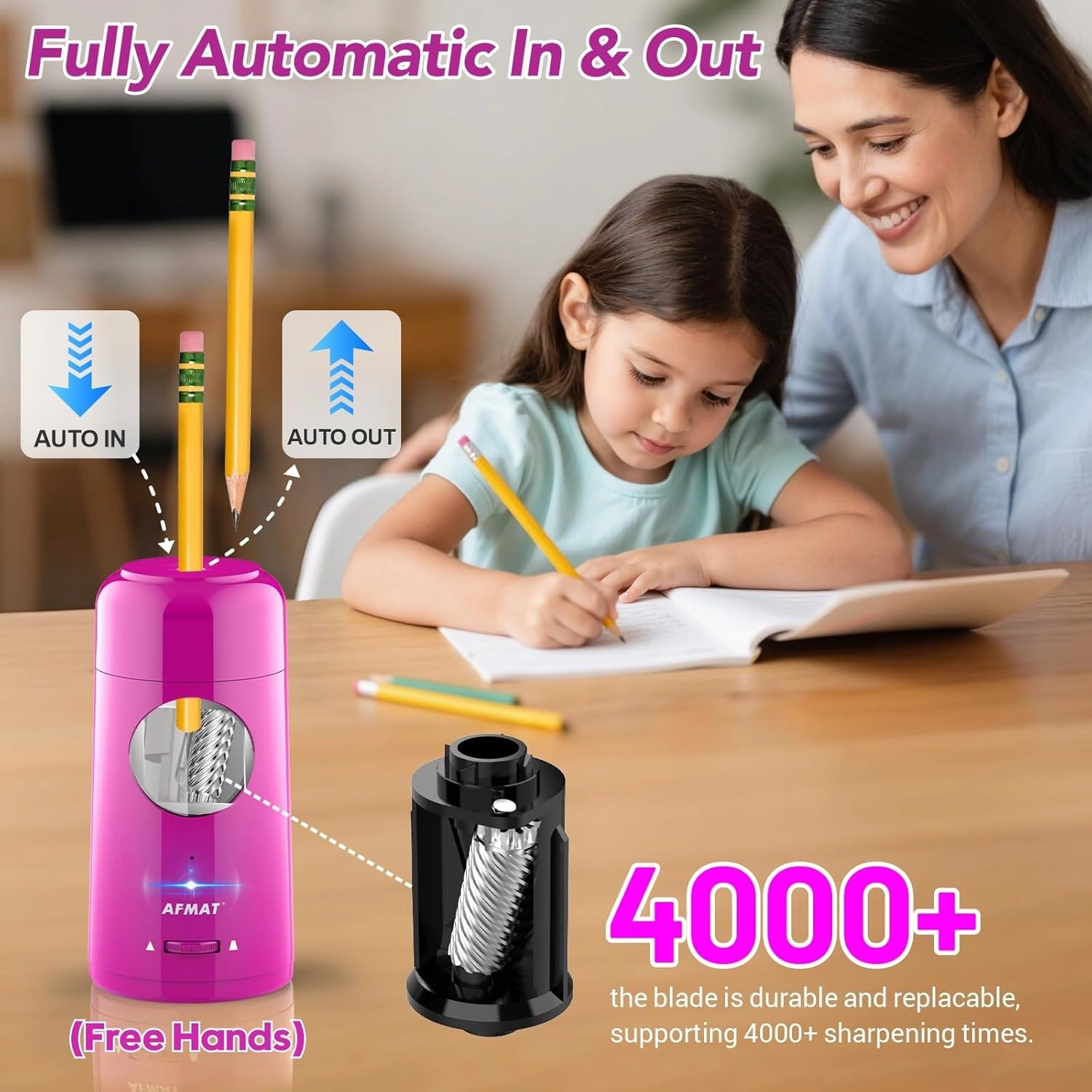 AFMAT Electric Pencil Sharpener, Rechargeable Automatic Pencil Sharpener for Jumbo & Colored Pencils (7-11.5mm), Auto In/Out, Hands-Free, Large Shaving Box, Portable for Home/Classroom/Office (Purple)