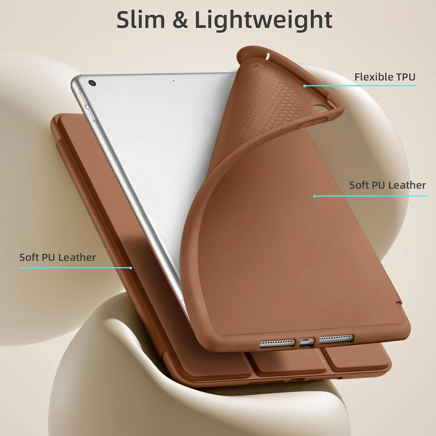Akkerds Case Compatible with iPad 10.2 Inch 2021/2020/2019, for iPad 9th/8th/7th Generation Case with Pencil Holder, Protective Cover with Soft TPU Back, Auto Sleep/Wake, Brown