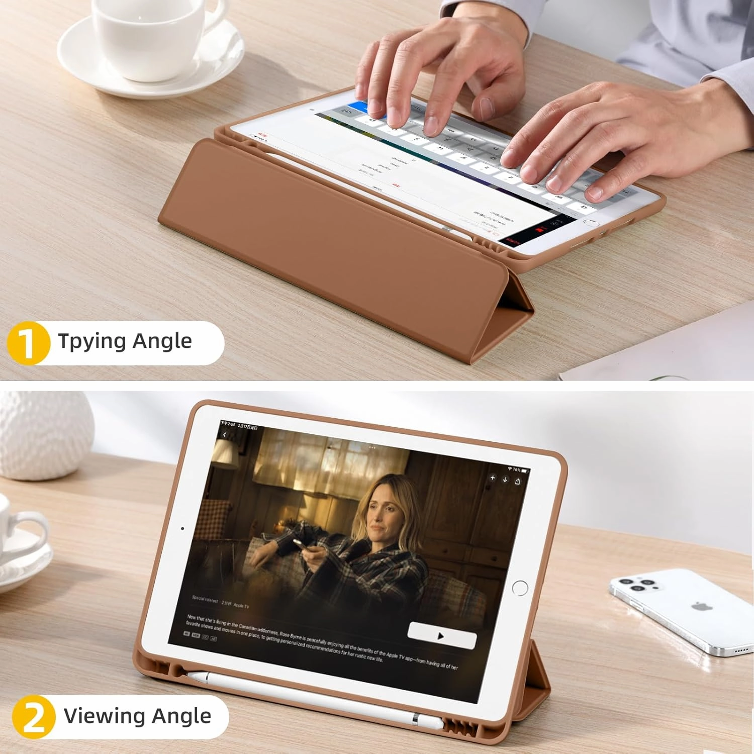 Akkerds Case Compatible with iPad 10.2 Inch 2021/2020/2019, for iPad 9th/8th/7th Generation Case with Pencil Holder, Protective Cover with Soft TPU Back, Auto Sleep/Wake, Brown