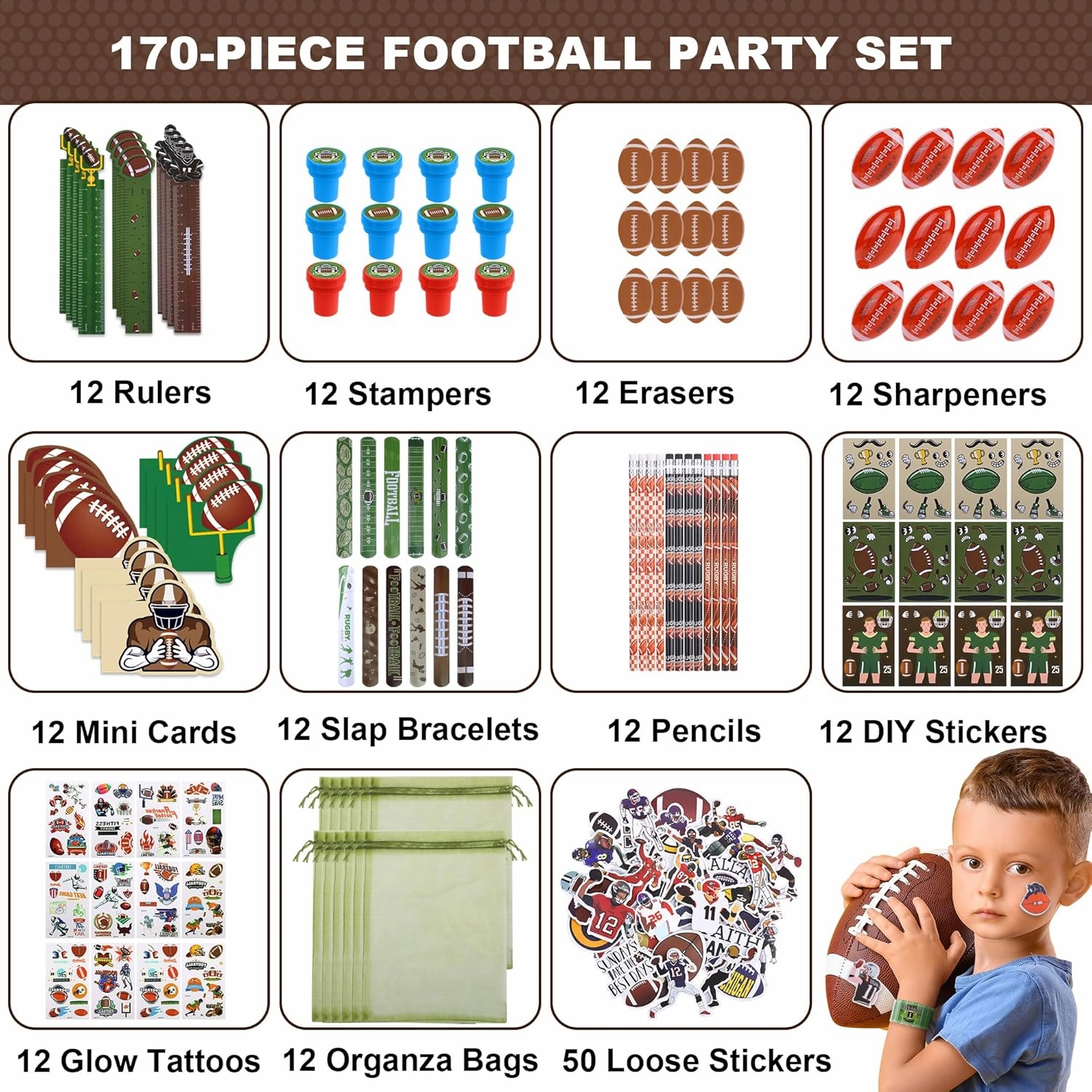 Aneco 340 Piece Football Party Favor Set Football Goodie Bag Stuffers Mini Card Pencil Sharpener Eraser Stamp Slap Bracelet Sticker School Stationery Bulk for Sport Party Team Game Prize Birthday Gift