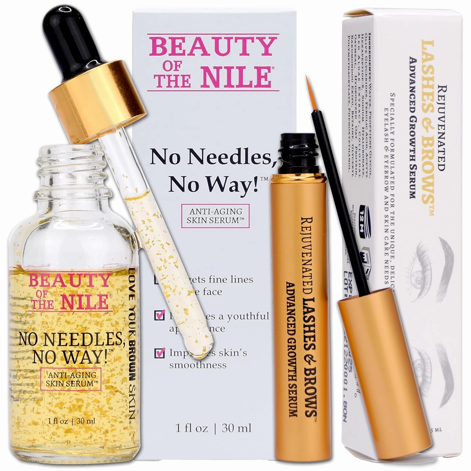 Anti-Aging Face Duo for Skin-of-Color | No Needles, No Way!™ Anti Aging Serum   Rejuvenated LASHES & BROWS™ Advanced Growth Serum - Bundle - Topical of Youth™ from Beauty Of The Nile®
