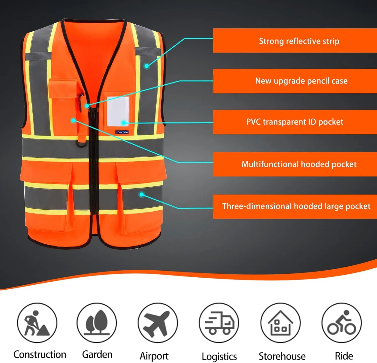 AYKRM Custom Logo Personalised Printed High Visibility Reflective 2 two tone work construction Safety Vest