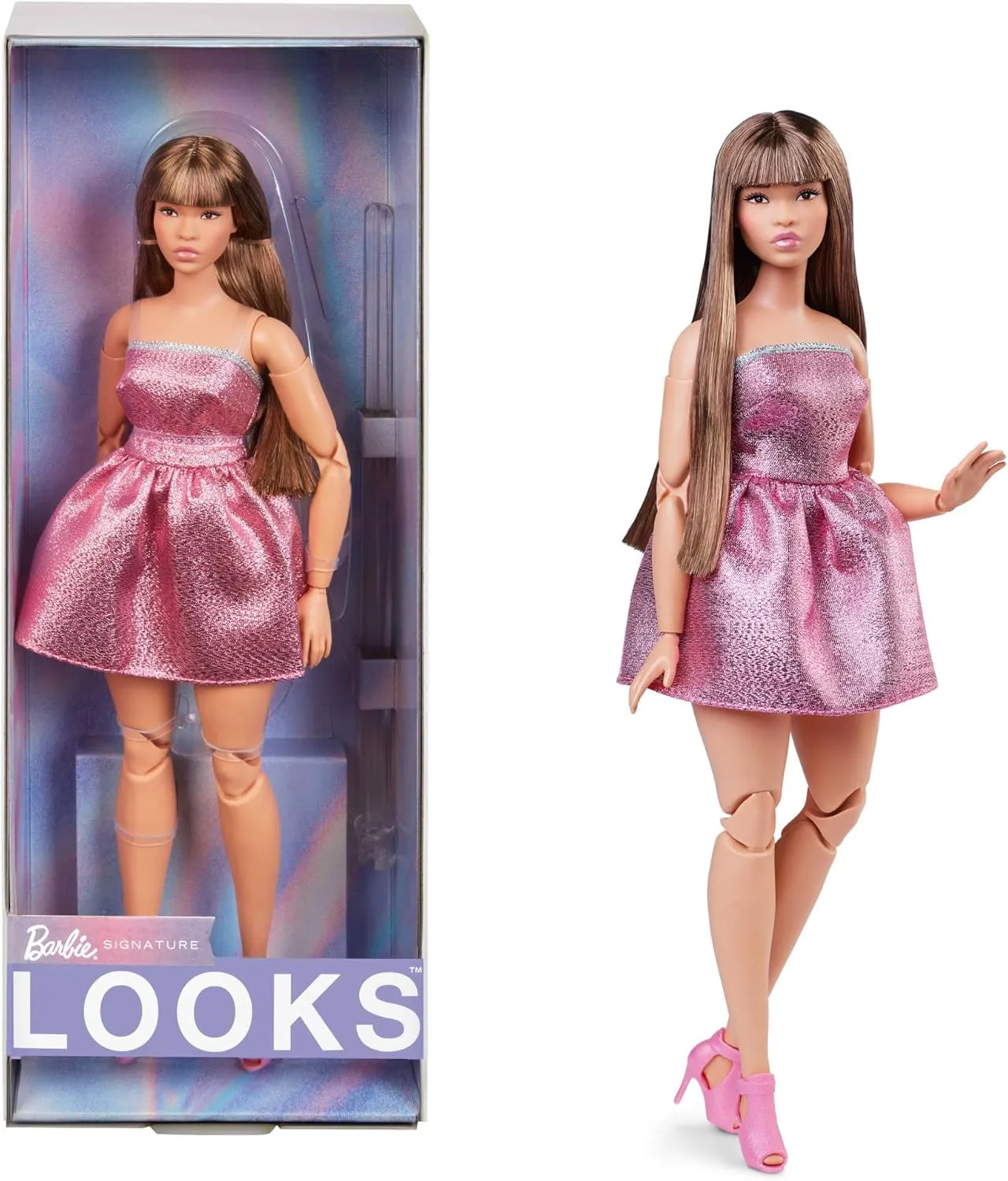 Barbie Looks Doll, Collectible No. 24 with Brown Hair & Modern Y2K Fashion, Shimmery Pink Strapless Dress with Peep-Toe Heels