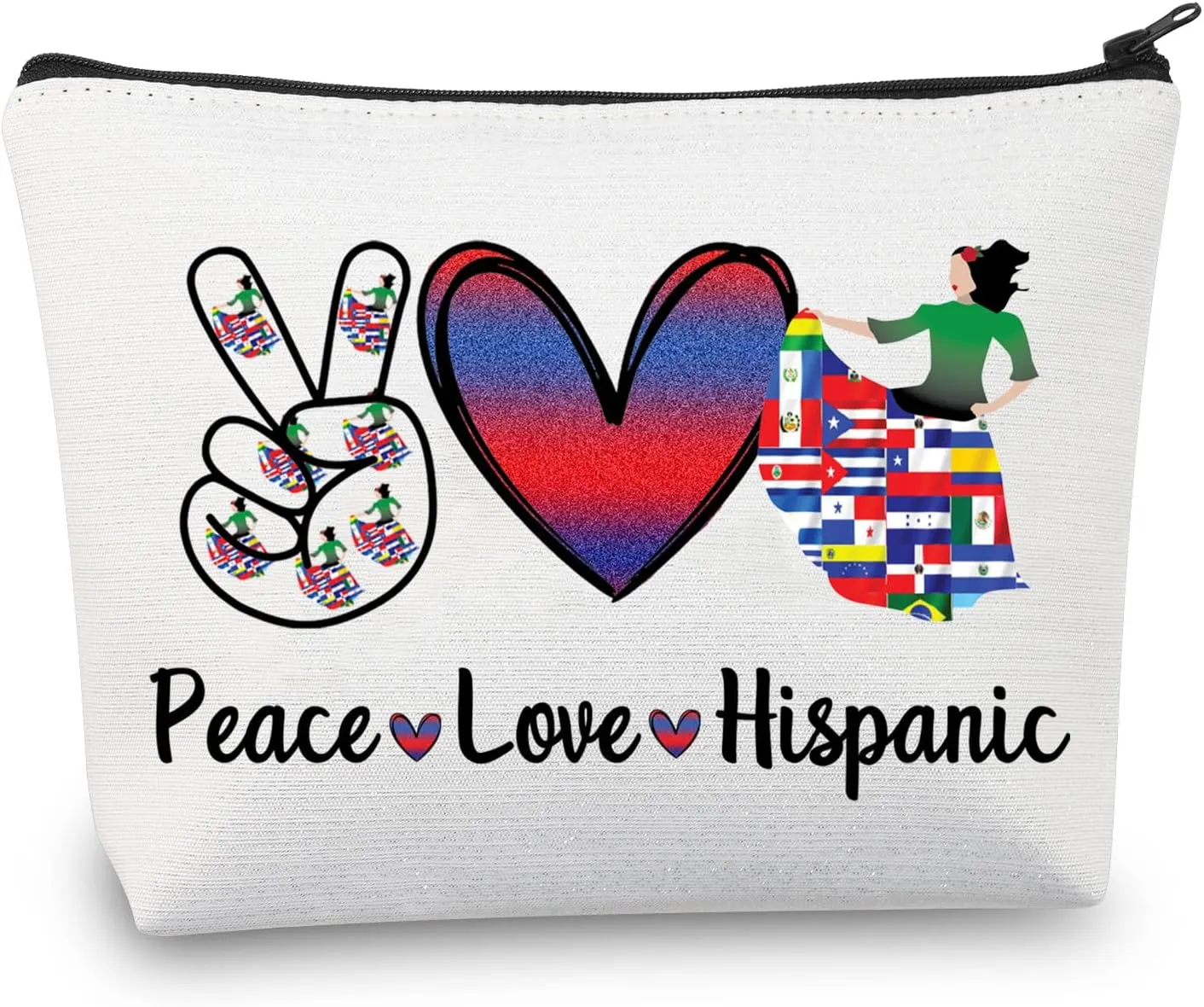 BDPWSS Peace Love Hispanic Heritage Countries Flags Makeup Bag National Hispanic Heritage Month Latina Gift Mexican Girl Gift (Love Hispanic)