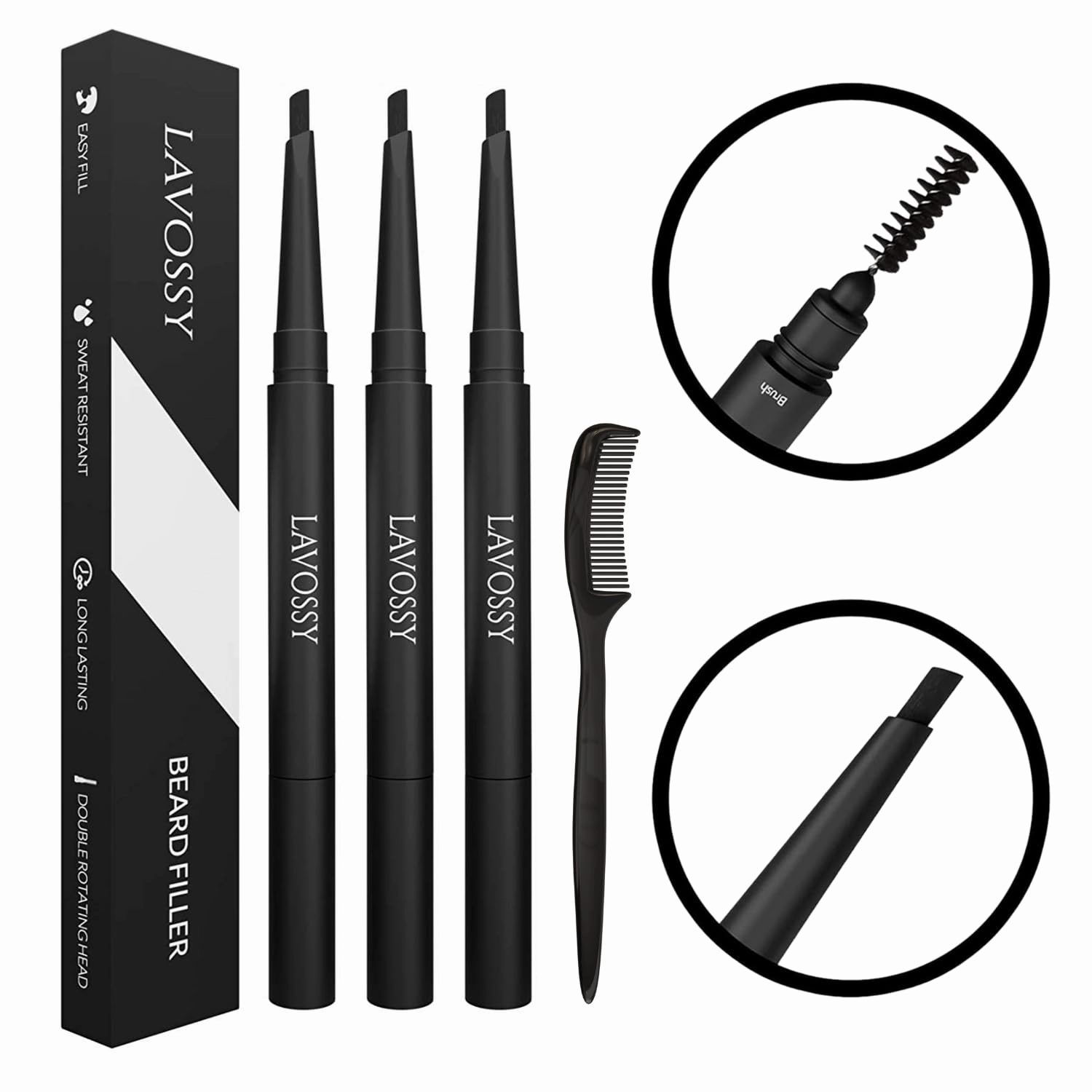 Beard Pencil Filler for Men - Dark Brown Pack of 3 - Long Lasting and Easy to Use Beard Pen with blending brush results in a sleek & natural look, Water/Sweat Proof beard filler