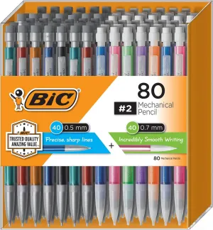 Bic Mechanical Pencil #2 EXTRA SMOOTH, 80 Pack Of Fourty 0.5mm, and Fourty 0.7 mm - Assorted Colored Barrels - Variety Pack of Bic Lead Pencils