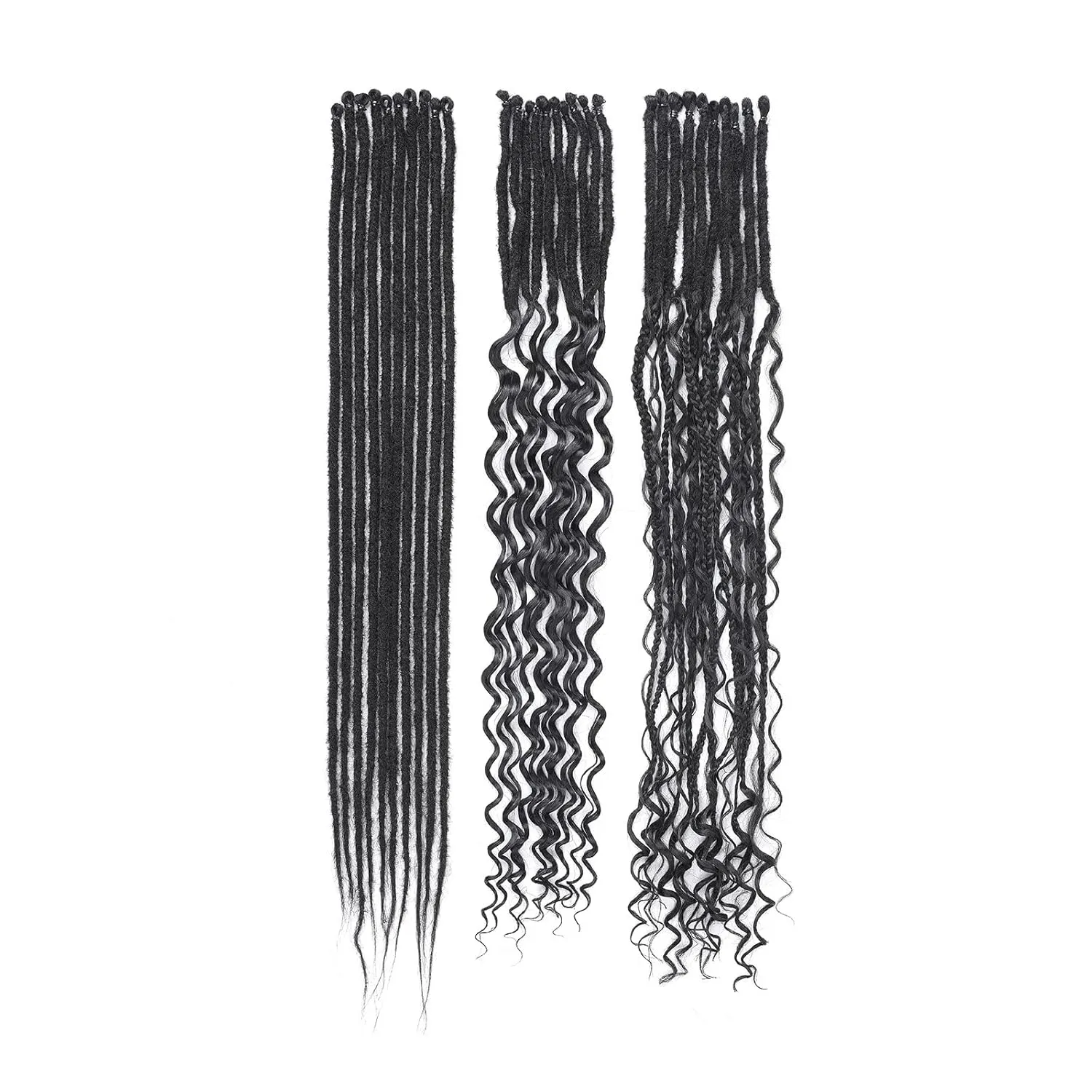 Black Dreadlock Extensions,30 Strands 24 Inch Single Ended 3 Styles(Straight&Curly&Boho Mixed) In 1 Set Dreadlocks Extension, Soft Synthetic SE Dreads Braid Locs for Women(3 in 1 set,1B#)
