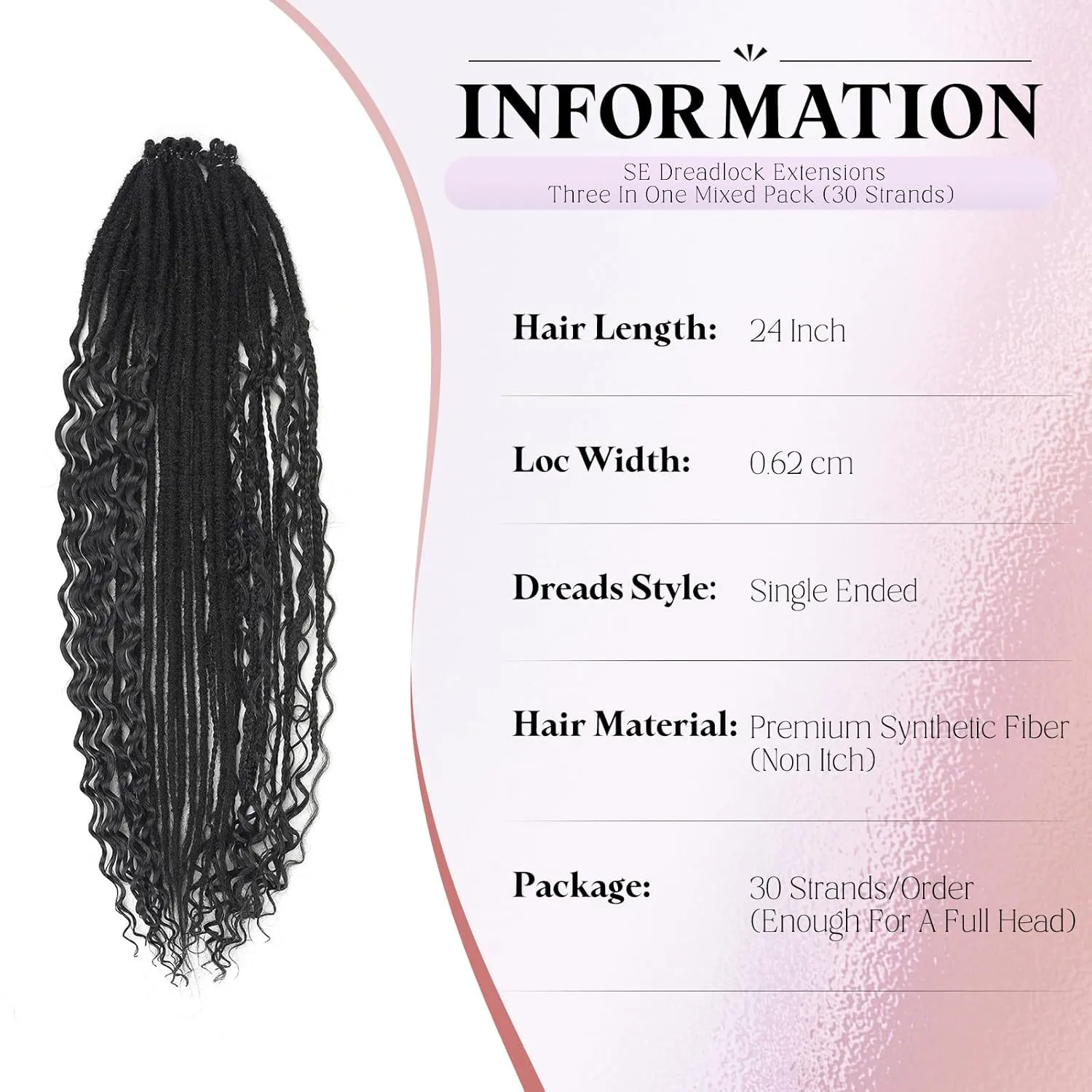 Black Dreadlock Extensions,30 Strands 24 Inch Single Ended 3 Styles(Straight&Curly&Boho Mixed) In 1 Set Dreadlocks Extension, Soft Synthetic SE Dreads Braid Locs for Women(3 in 1 set,1B#)