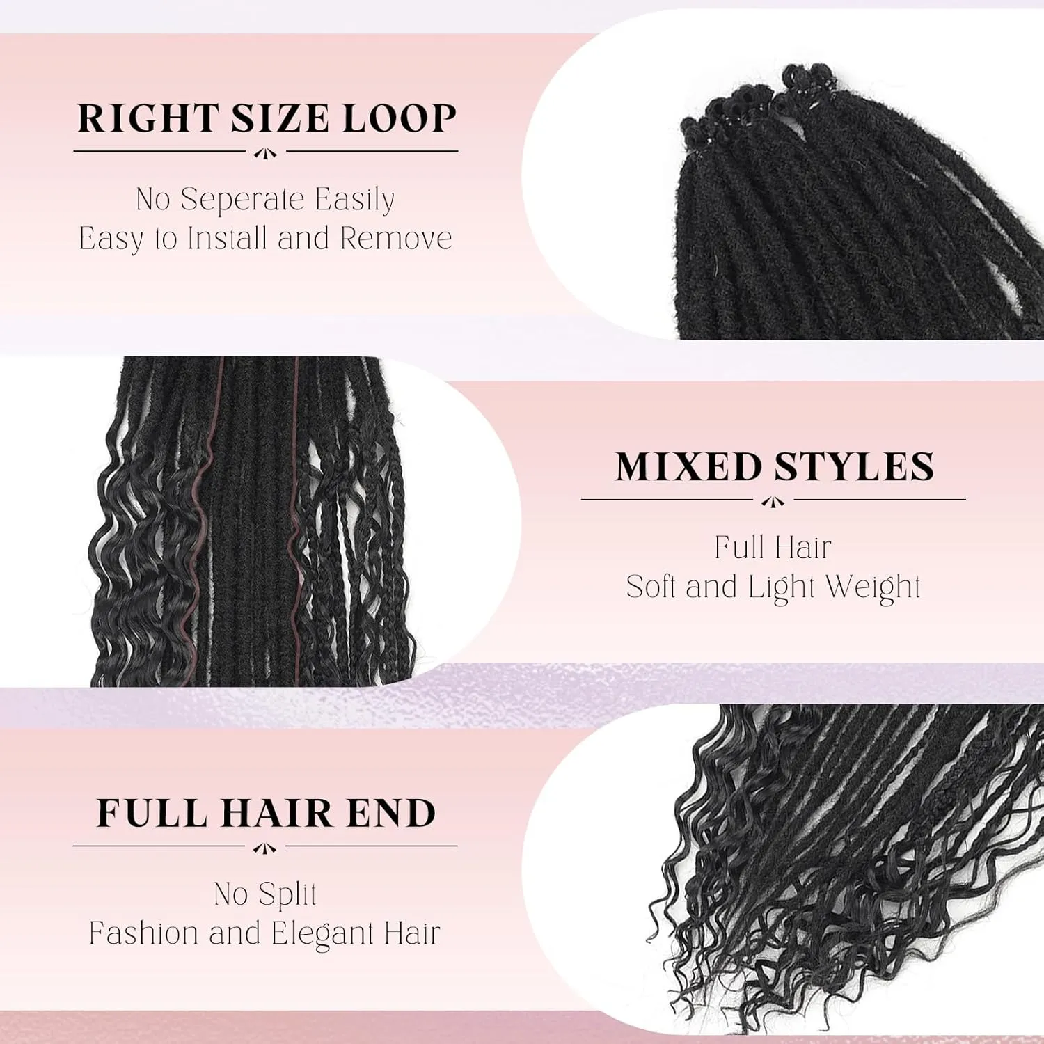 Black Dreadlock Extensions,30 Strands 24 Inch Single Ended 3 Styles(Straight&Curly&Boho Mixed) In 1 Set Dreadlocks Extension, Soft Synthetic SE Dreads Braid Locs for Women(3 in 1 set,1B#)