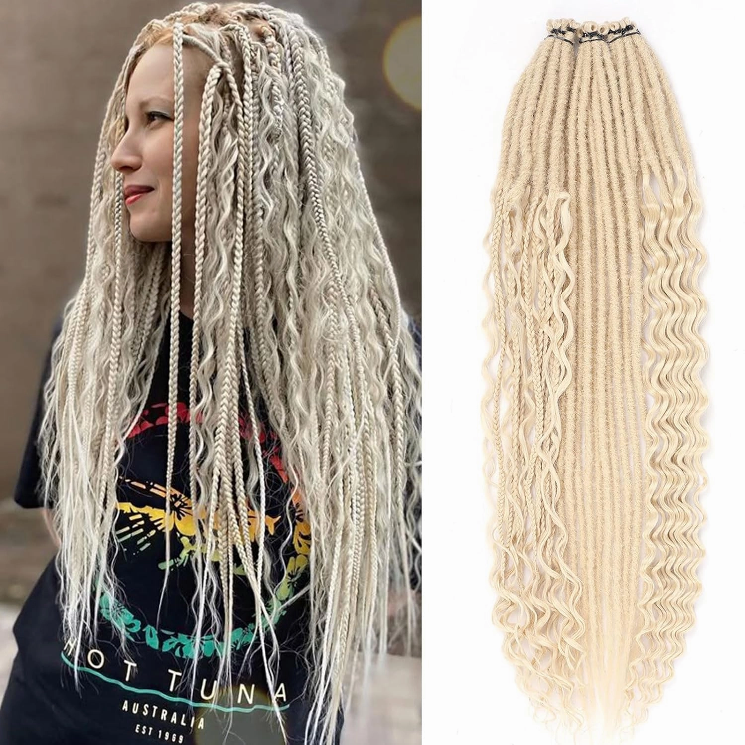 Blonde Dreadlock Extensions,30 Strands 24 Inch Single Ended 3 Styles(Straight&Curly&Boho Mixed) In 1 Set Dreadlocks Extension, Soft Synthetic SE Dreads Braid Locs for Women(3 in 1 set,613#)