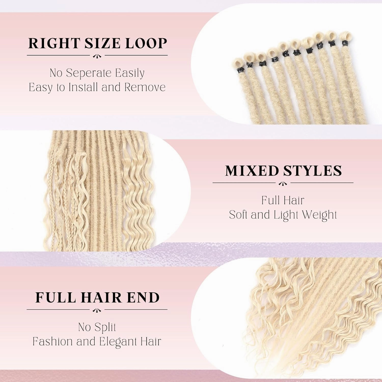 Blonde Dreadlock Extensions,30 Strands 24 Inch Single Ended 3 Styles(Straight&Curly&Boho Mixed) In 1 Set Dreadlocks Extension, Soft Synthetic SE Dreads Braid Locs for Women(3 in 1 set,613#)