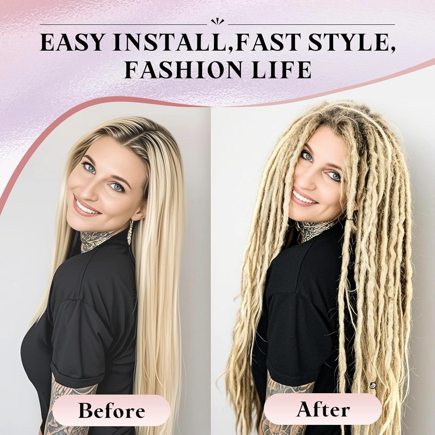 Blonde Dreadlock Extensions,30 Strands 24 Inch Single Ended 3 Styles(Straight&Curly&Boho Mixed) In 1 Set Dreadlocks Extension, Soft Synthetic SE Dreads Braid Locs for Women(3 in 1 set,613#)