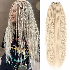 Blonde Dreadlock Extensions,30 Strands 24 Inch Single Ended 3 Styles(Straight&Curly&Boho Mixed) In 1 Set Dreadlocks Extension, Soft Synthetic SE Dreads Braid Locs for Women(3 in 1 set,613#)
