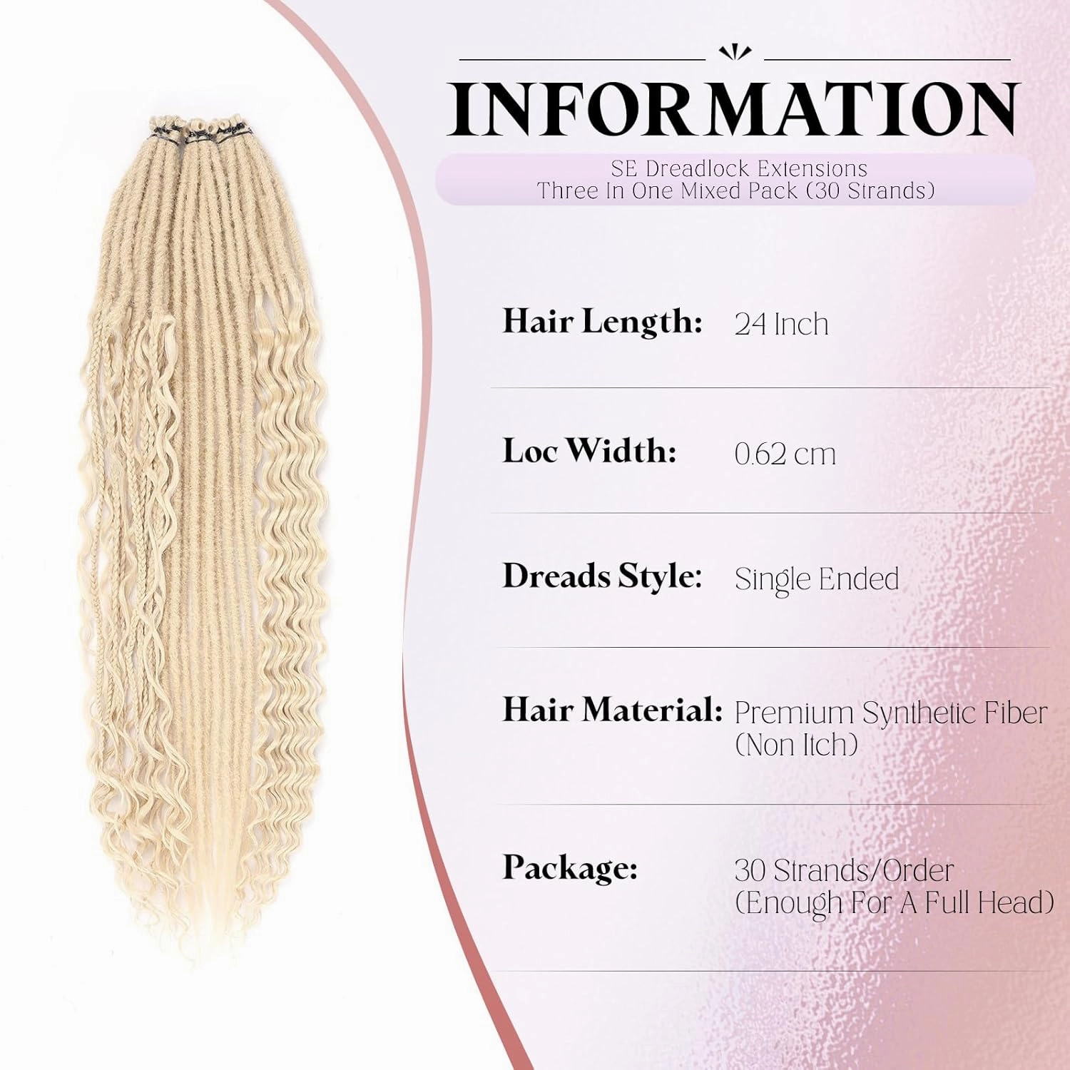 Blonde Dreadlock Extensions,30 Strands 24 Inch Single Ended 3 Styles(Straight&Curly&Boho Mixed) In 1 Set Dreadlocks Extension, Soft Synthetic SE Dreads Braid Locs for Women(3 in 1 set,613#)