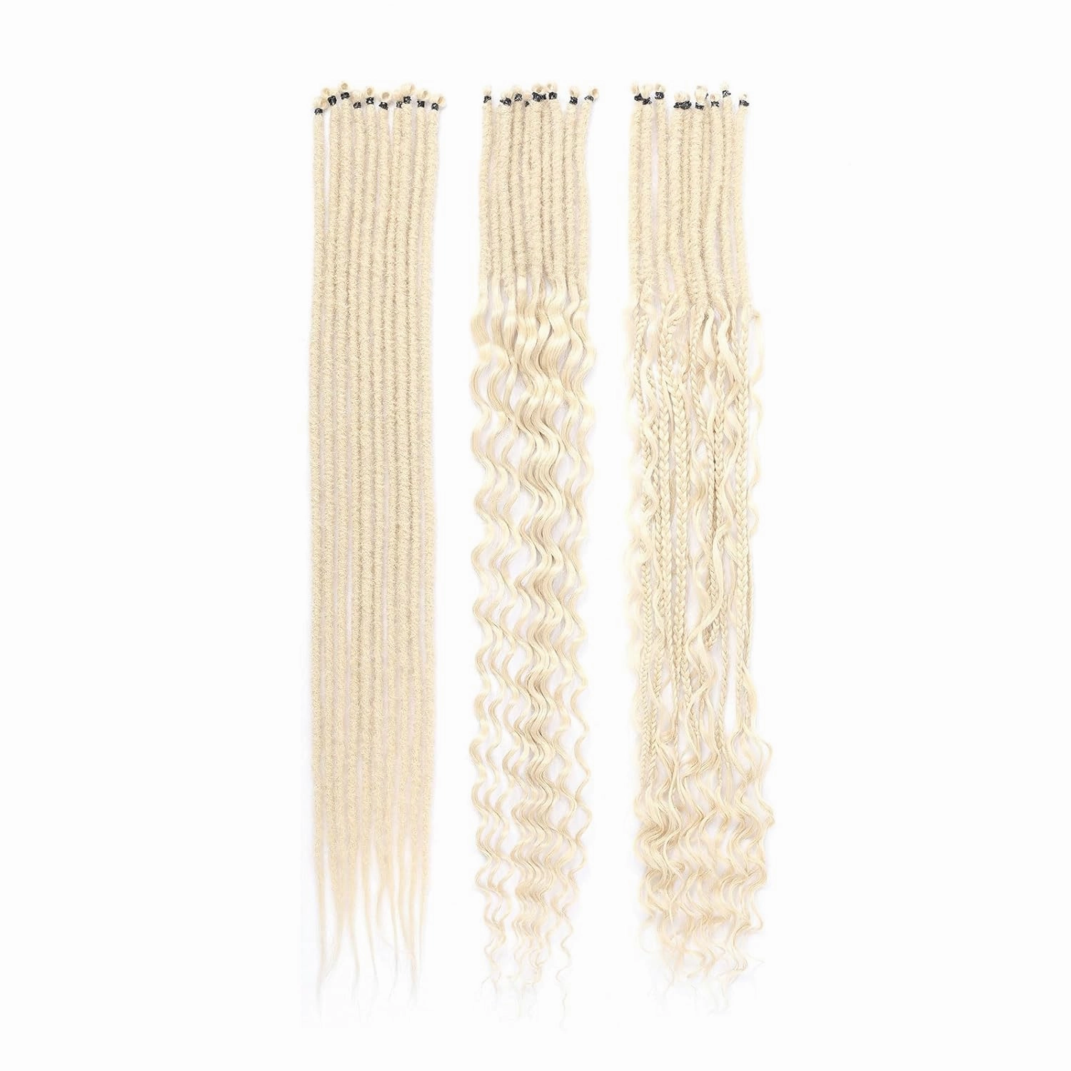 Blonde Dreadlock Extensions,30 Strands 24 Inch Single Ended 3 Styles(Straight&Curly&Boho Mixed) In 1 Set Dreadlocks Extension, Soft Synthetic SE Dreads Braid Locs for Women(3 in 1 set,613#)