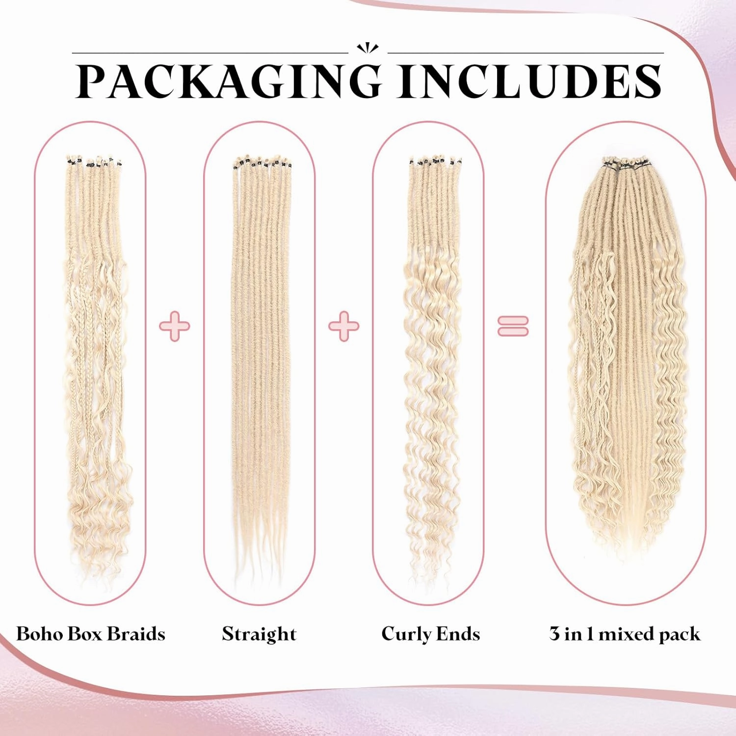 Blonde Dreadlock Extensions,30 Strands 24 Inch Single Ended 3 Styles(Straight&Curly&Boho Mixed) In 1 Set Dreadlocks Extension, Soft Synthetic SE Dreads Braid Locs for Women(3 in 1 set,613#)