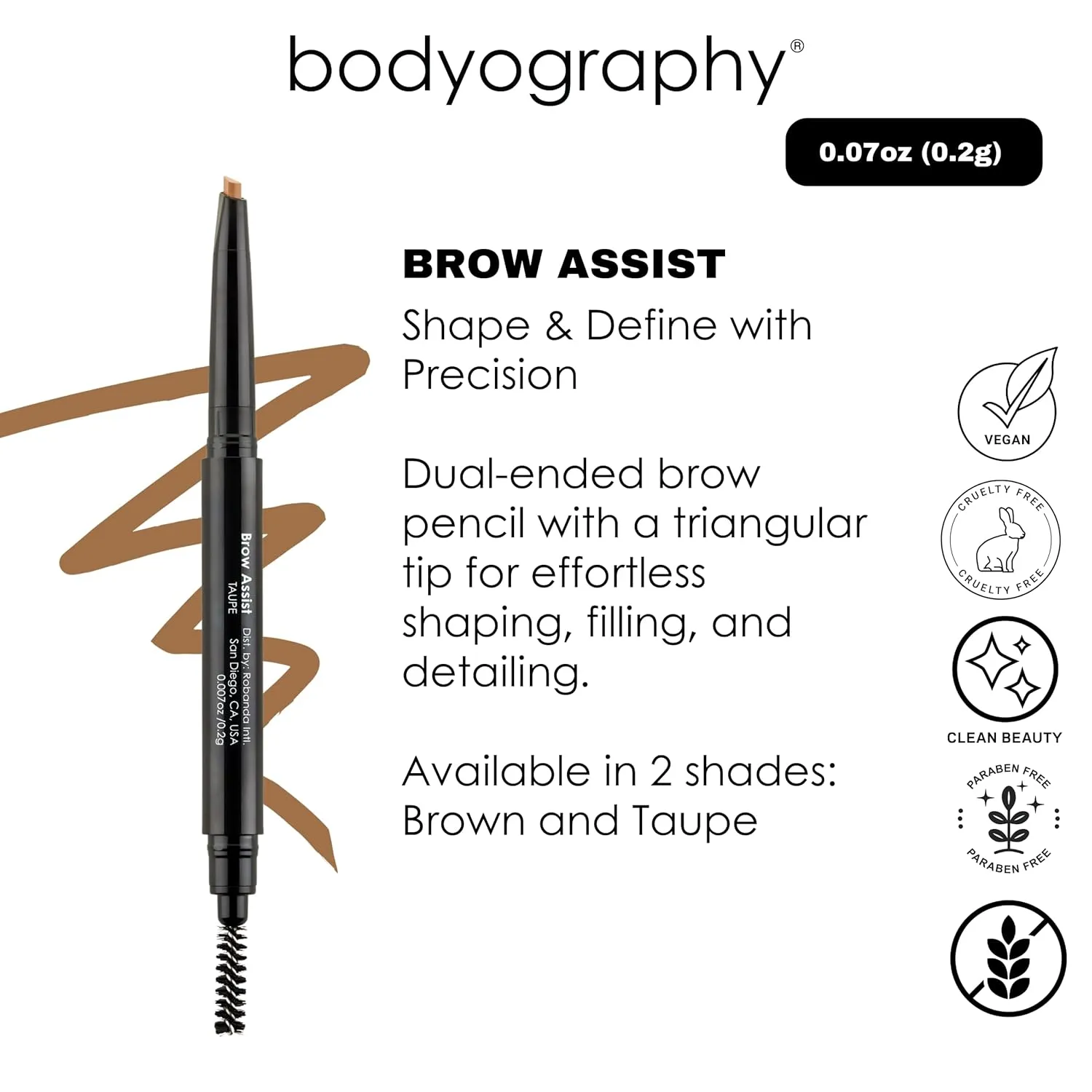 Bodyography Brow Assist – Brown | Triangular Tip Eyebrow Pencil for Women with Built-In Spoolie | Defines, Fills & Shapes Brows | Mineral-Based Formula with Castor & Coconut Oil | Clean, Vegan