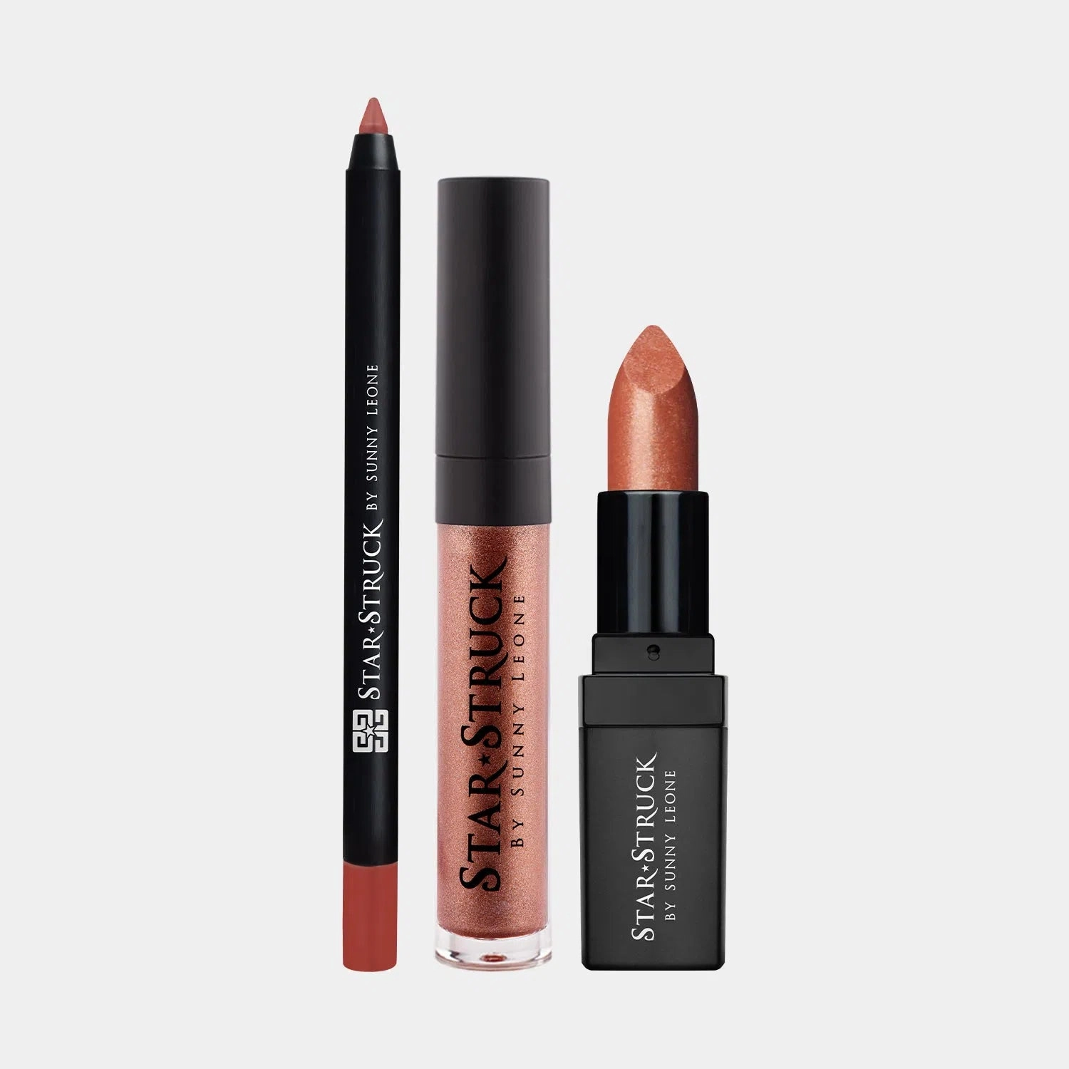 Bronze Beauty - 3Pcs Lip Kit, Lip Gloss, Lipstick & Lipliner Kit - Shimmer Brown