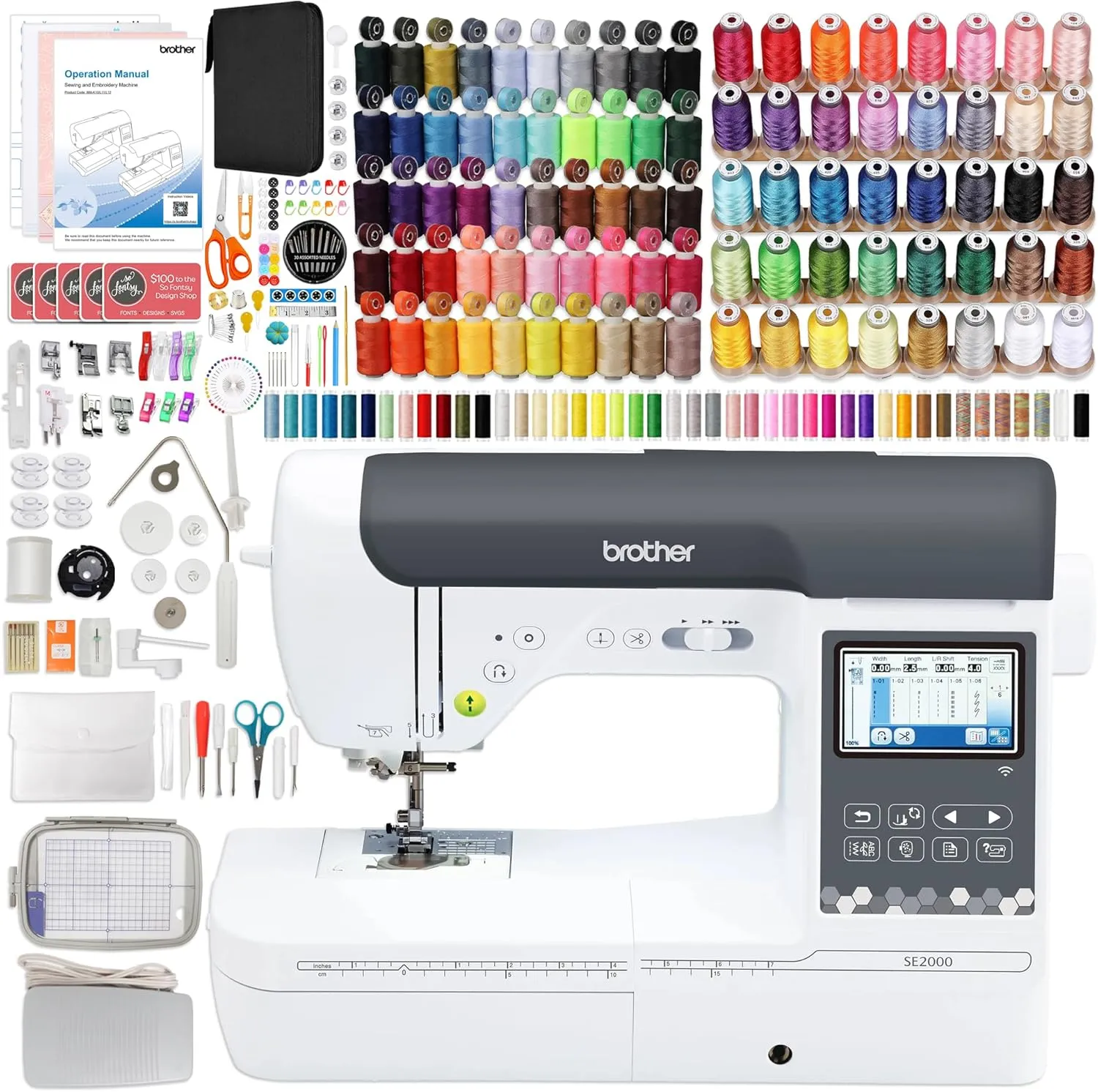 Brother SE2000 5" x 7" Combo Embroidery & Sewing Machine with Deluxe Thread & Accessory Bundle