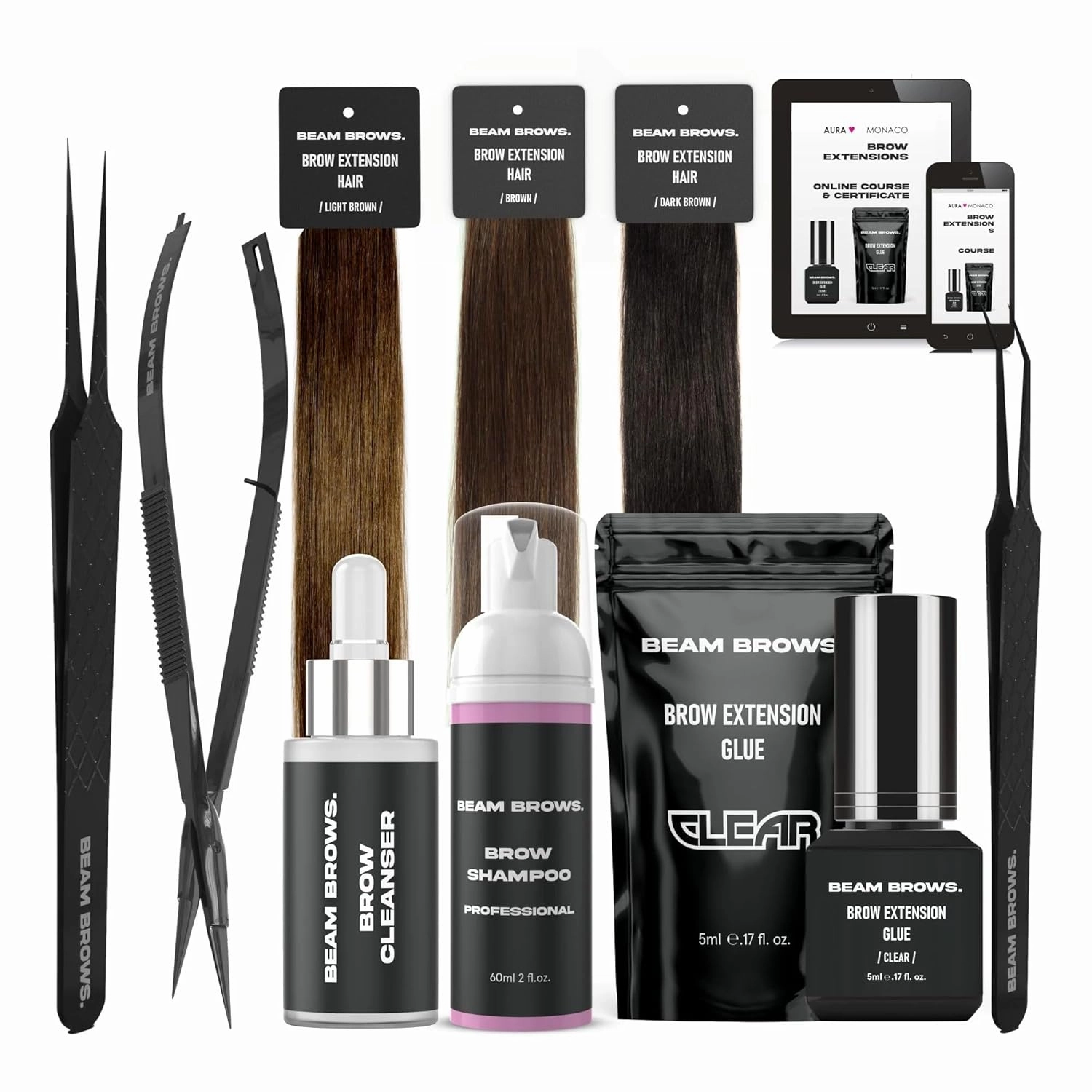 Brow Extensions Premium Kit – Includes 3 Packs of 100% Virgin Remy Human Hair, Brow Glue, Cleanser, and Online Training Course with Certificate – Lasts up to 40 Treatments