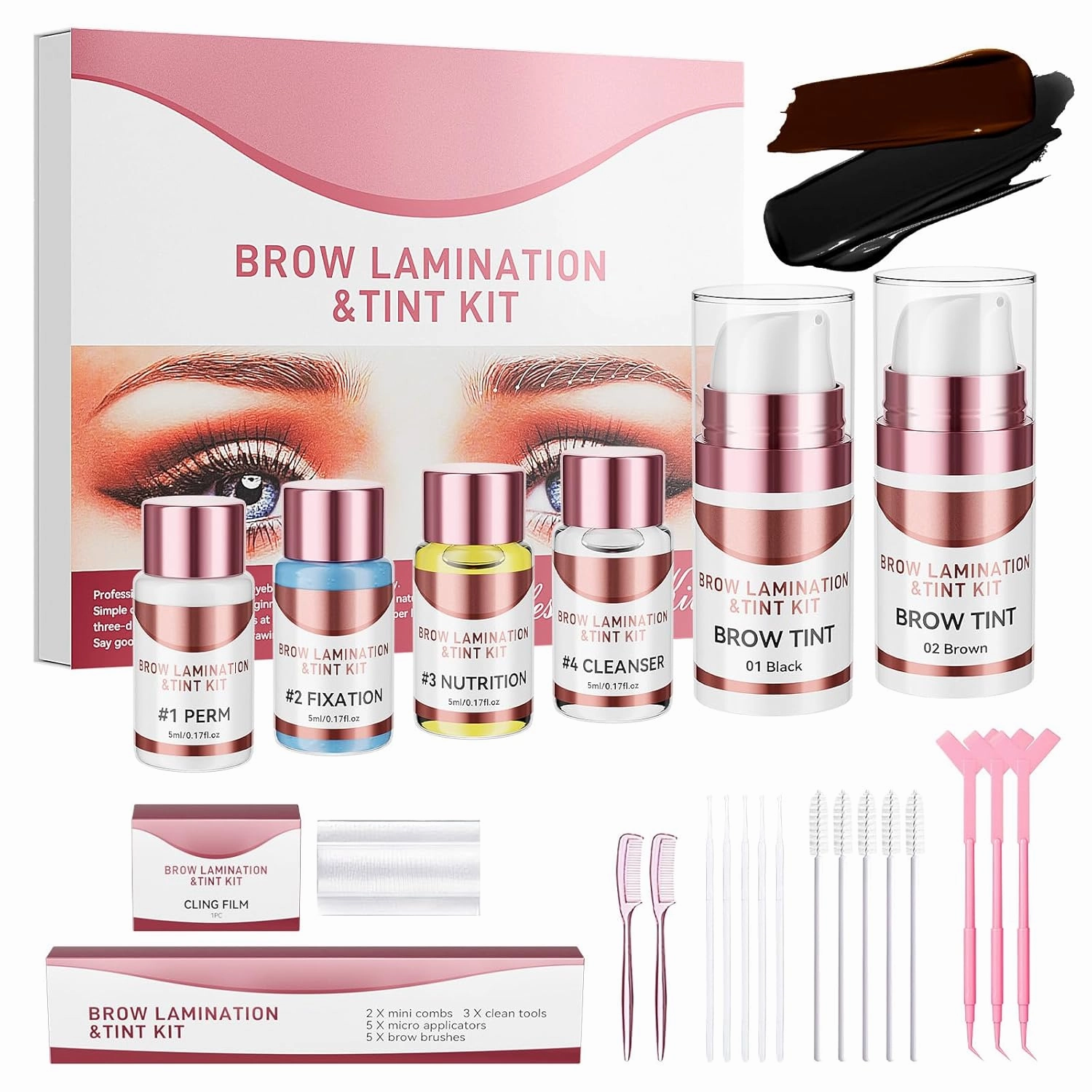 Brow Lamination Kit, 2 In 1 Eyebrow Lamination Kit with Black & Brown Color for Thicker Fuller Brows, Professional DIY Eyebrow Perming Kit Use at Salon Home, Lasts for 6 Weeks