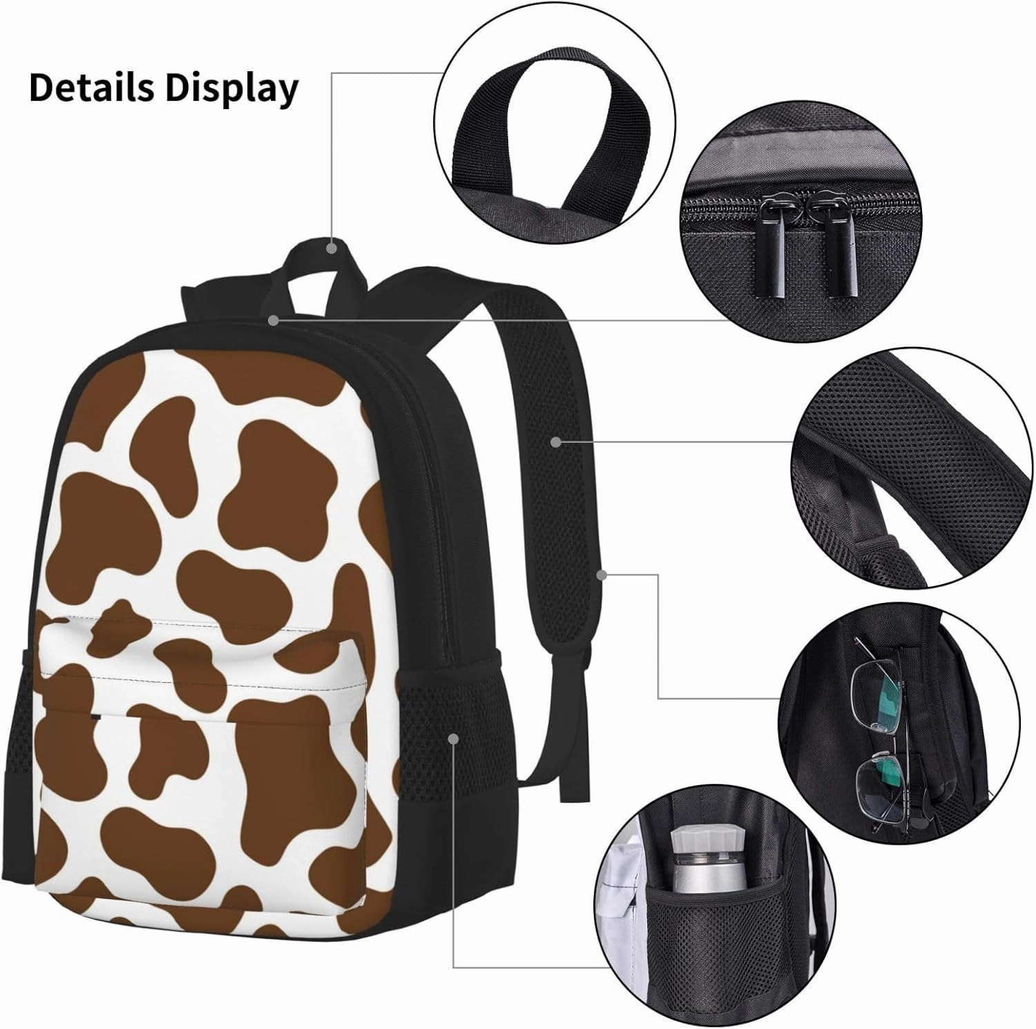 Brown Cow Print Multifunctional Pocket Backpack Crossbody Lunch Bag Pencil Case 3Pcs Set Large Capacity Backpack