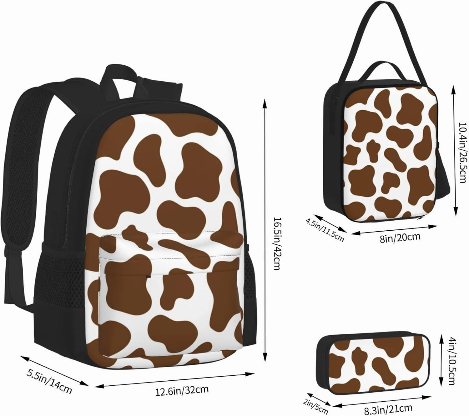Brown Cow Print Multifunctional Pocket Backpack Crossbody Lunch Bag Pencil Case 3Pcs Set Large Capacity Backpack