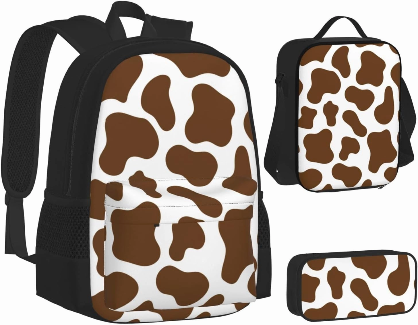 Brown Cow Print Multifunctional Pocket Backpack Crossbody Lunch Bag Pencil Case 3Pcs Set Large Capacity Backpack