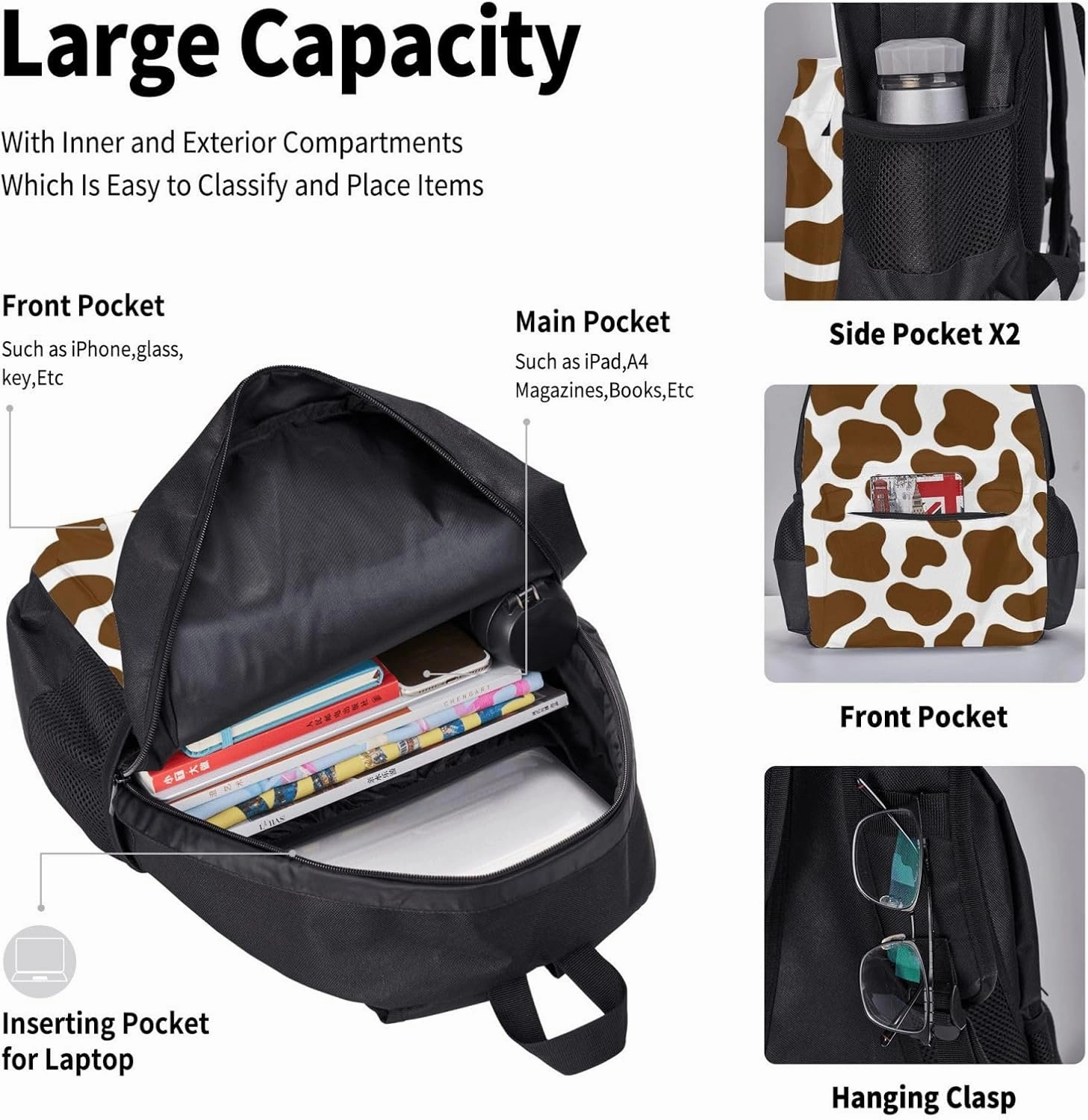 Brown Cow Print Multifunctional Pocket Backpack Crossbody Lunch Bag Pencil Case 3Pcs Set Large Capacity Backpack