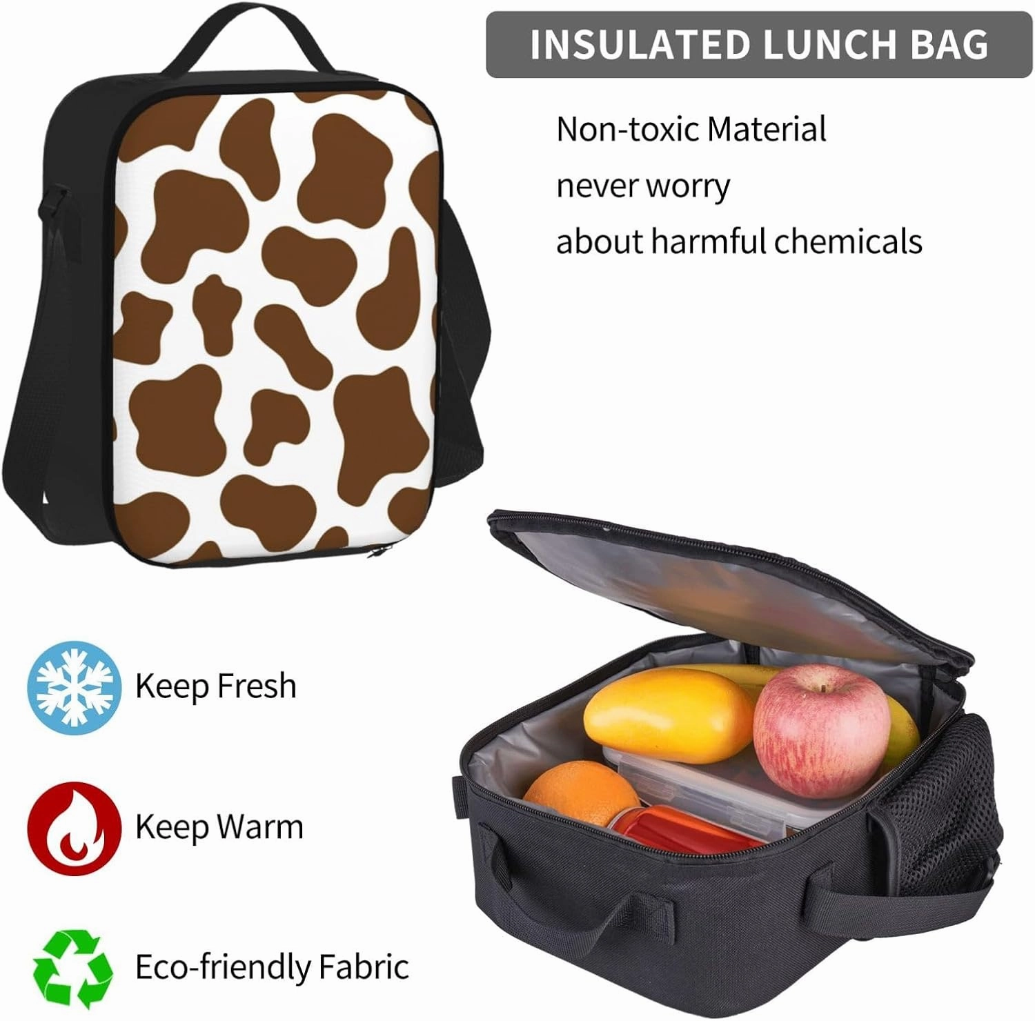 Brown Cow Print Multifunctional Pocket Backpack Crossbody Lunch Bag Pencil Case 3Pcs Set Large Capacity Backpack