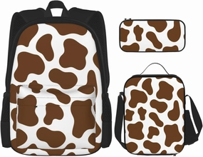 Brown Cow Print Multifunctional Pocket Backpack Crossbody Lunch Bag Pencil Case 3Pcs Set Large Capacity Backpack