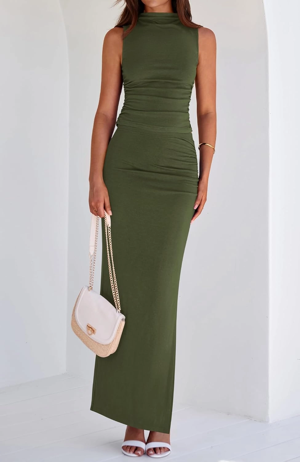 BTFBM Summer Two Piece Skirt Set for Women 2025 Dressy Lightweight Sleeveless Knit Top Going Out Split Maxi Skirt Set