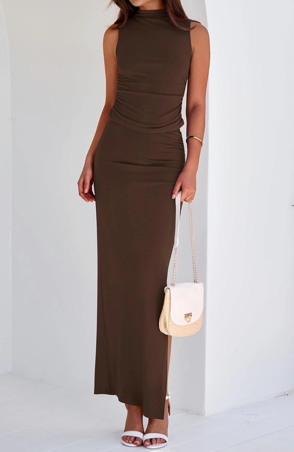 BTFBM Summer Two Piece Skirt Set for Women 2025 Dressy Lightweight Sleeveless Knit Top Going Out Split Maxi Skirt Set