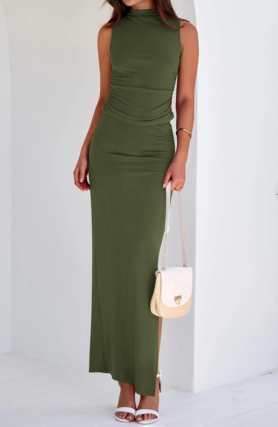 BTFBM Summer Two Piece Skirt Set for Women 2025 Dressy Lightweight Sleeveless Knit Top Going Out Split Maxi Skirt Set